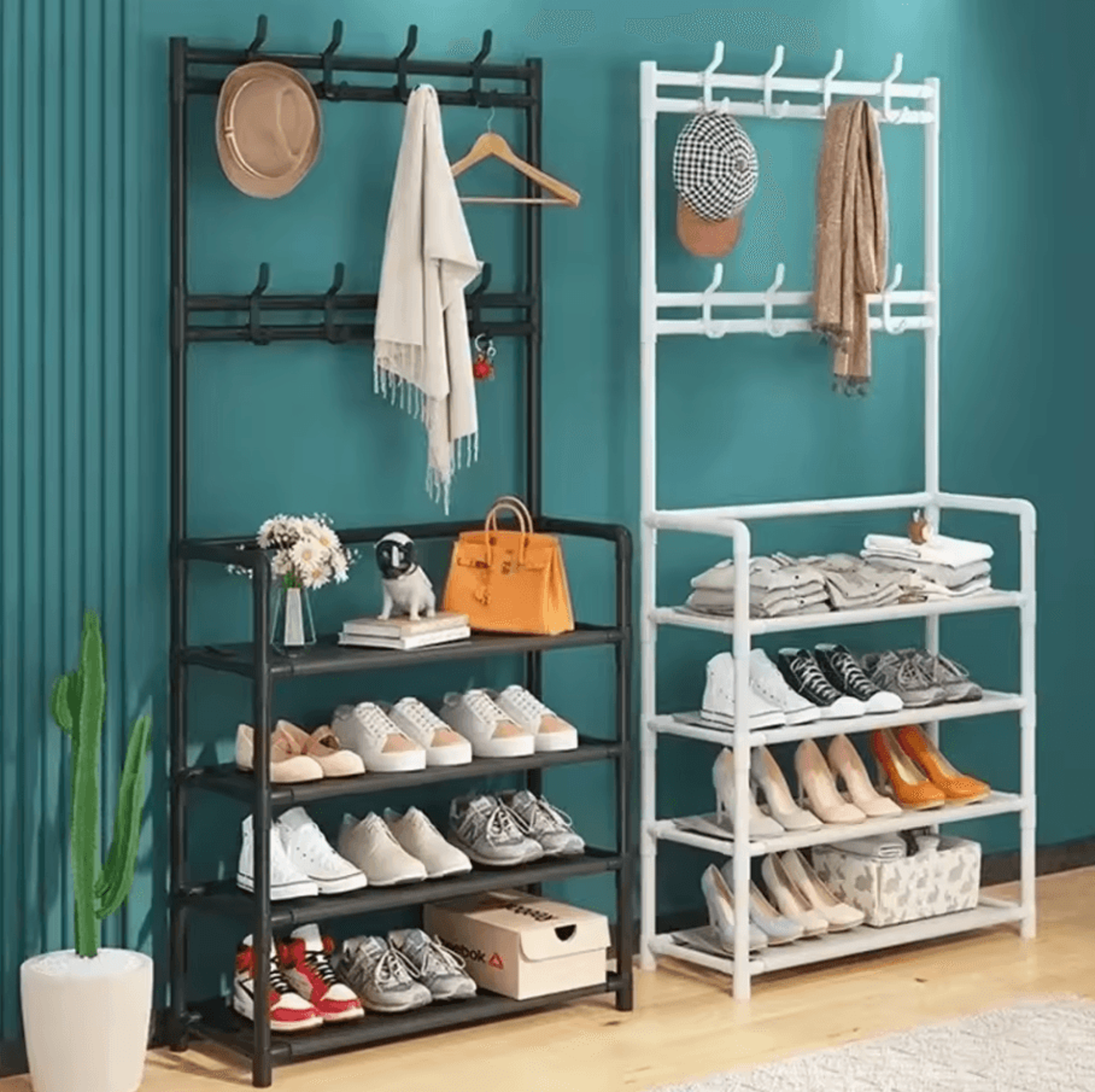 multi-layer clothes & shoe rack | floor-standing organizer with diy doorway hanger shelf