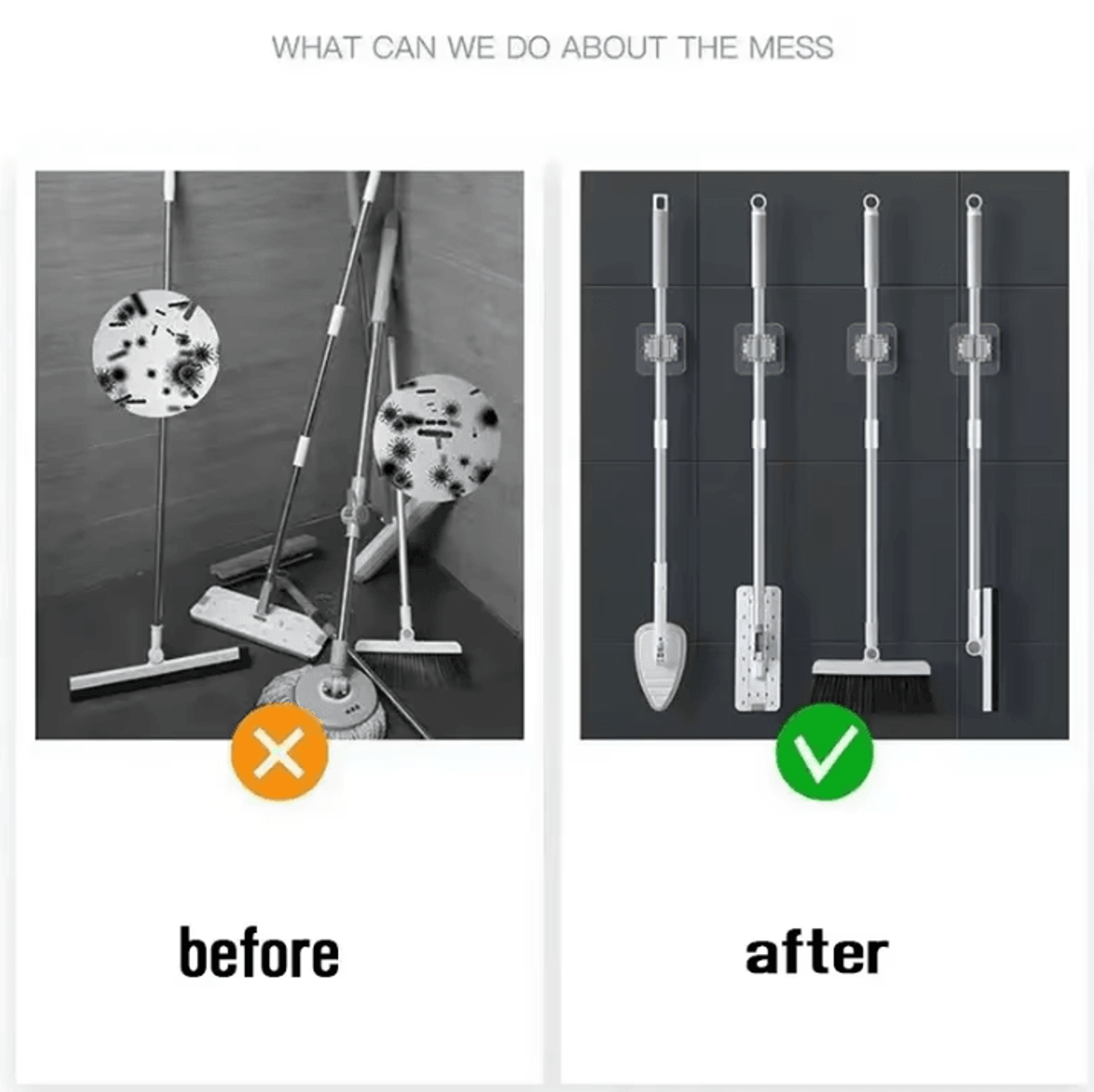 Mop Storage Rack  Wall Mounted Broom Holder With PunchFree Storage Hooks For Space Saving Cleaning  4