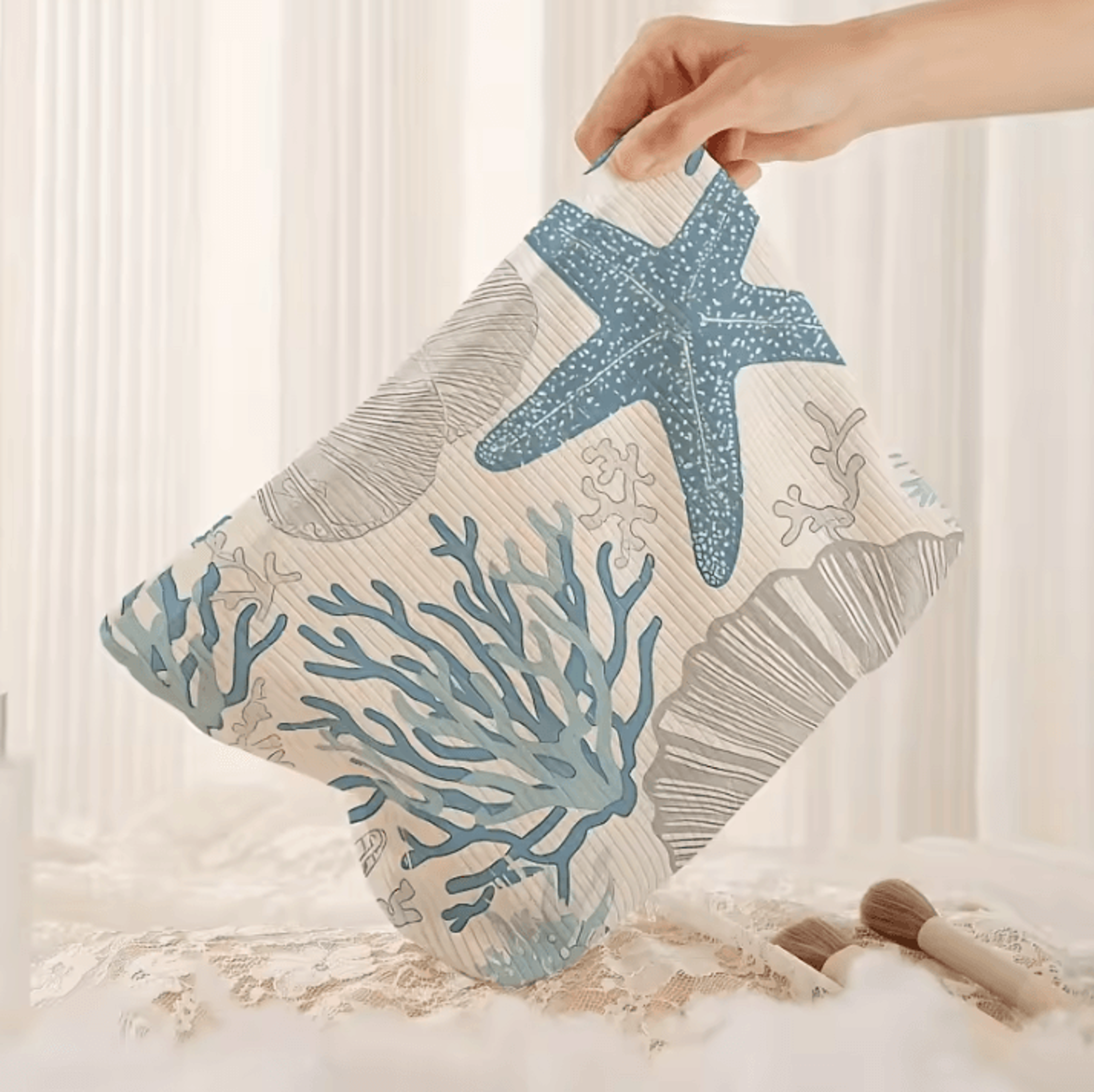 starfish coral shell pattern printed makeup bag corduroy lightweight zipper pouch for multi-functional cosmetic storage