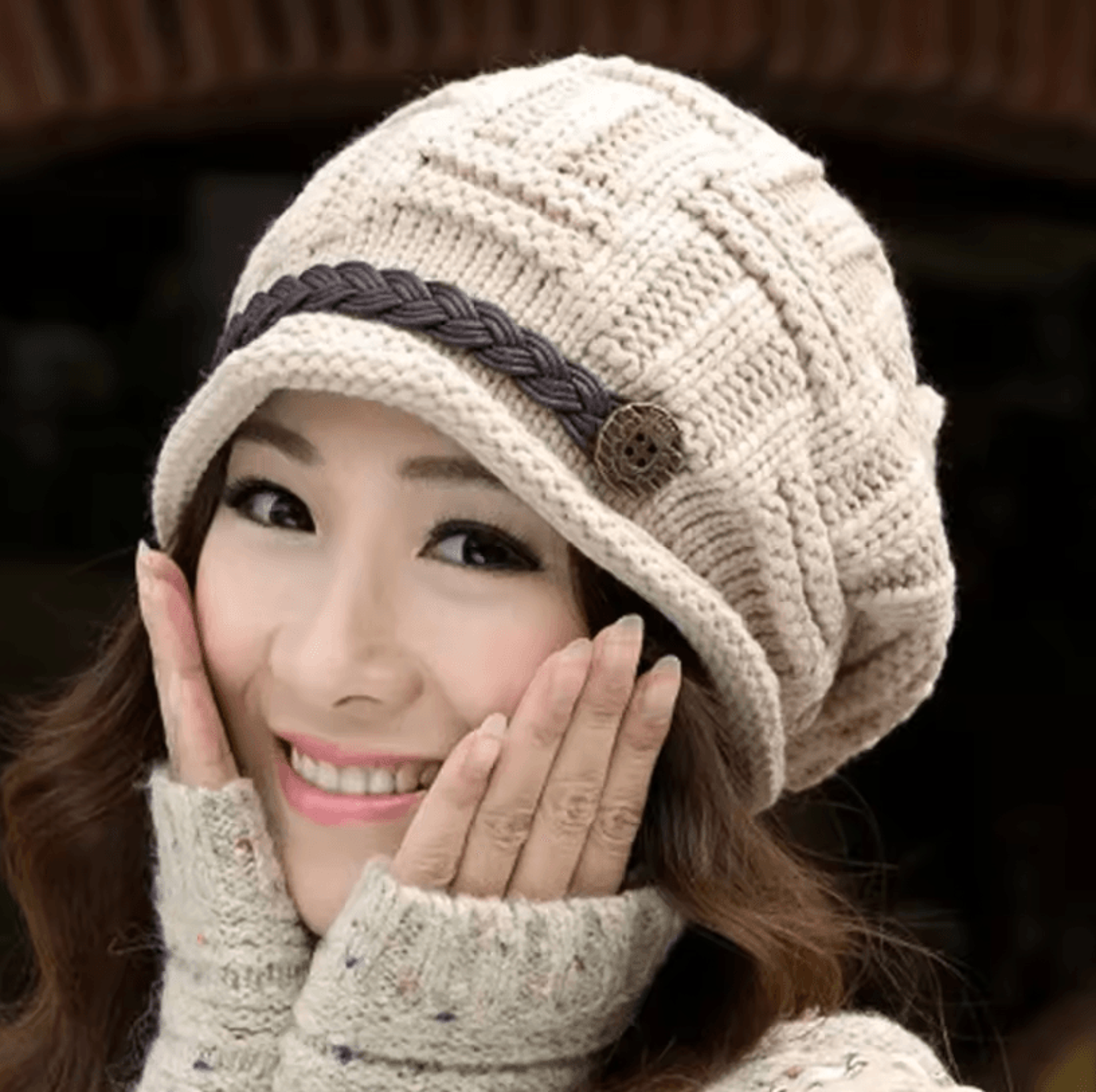warm wool knitted hat cute curling belt hip hop winter beanie with ear protection
