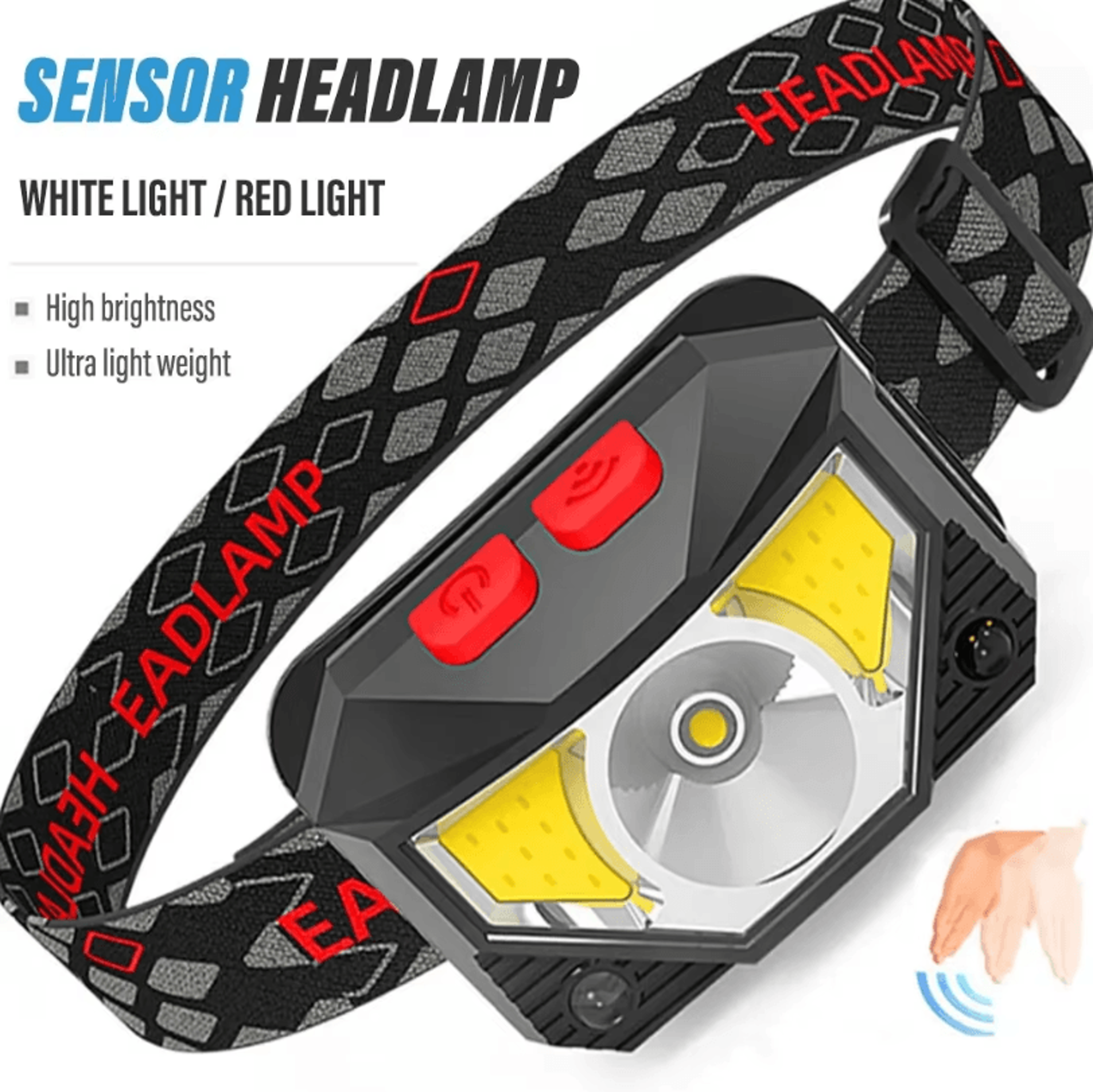 rechargeable led headlamp with cob sensor, white and red light, 8 modes for fishing and outdoor use