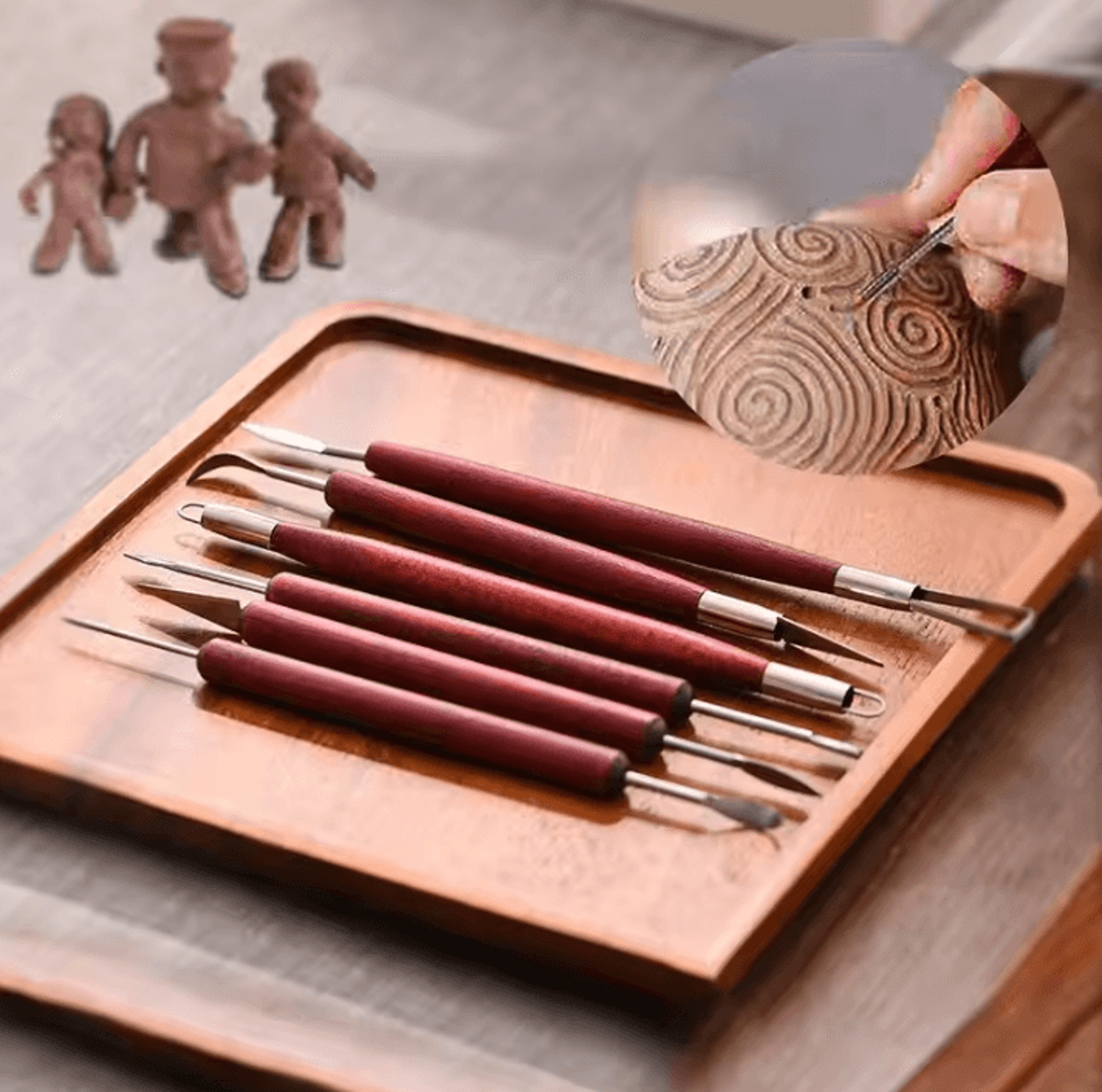 6-piece double-ended pottery tools set for clay sculpting, carving & repair with red wood handles and wire knife