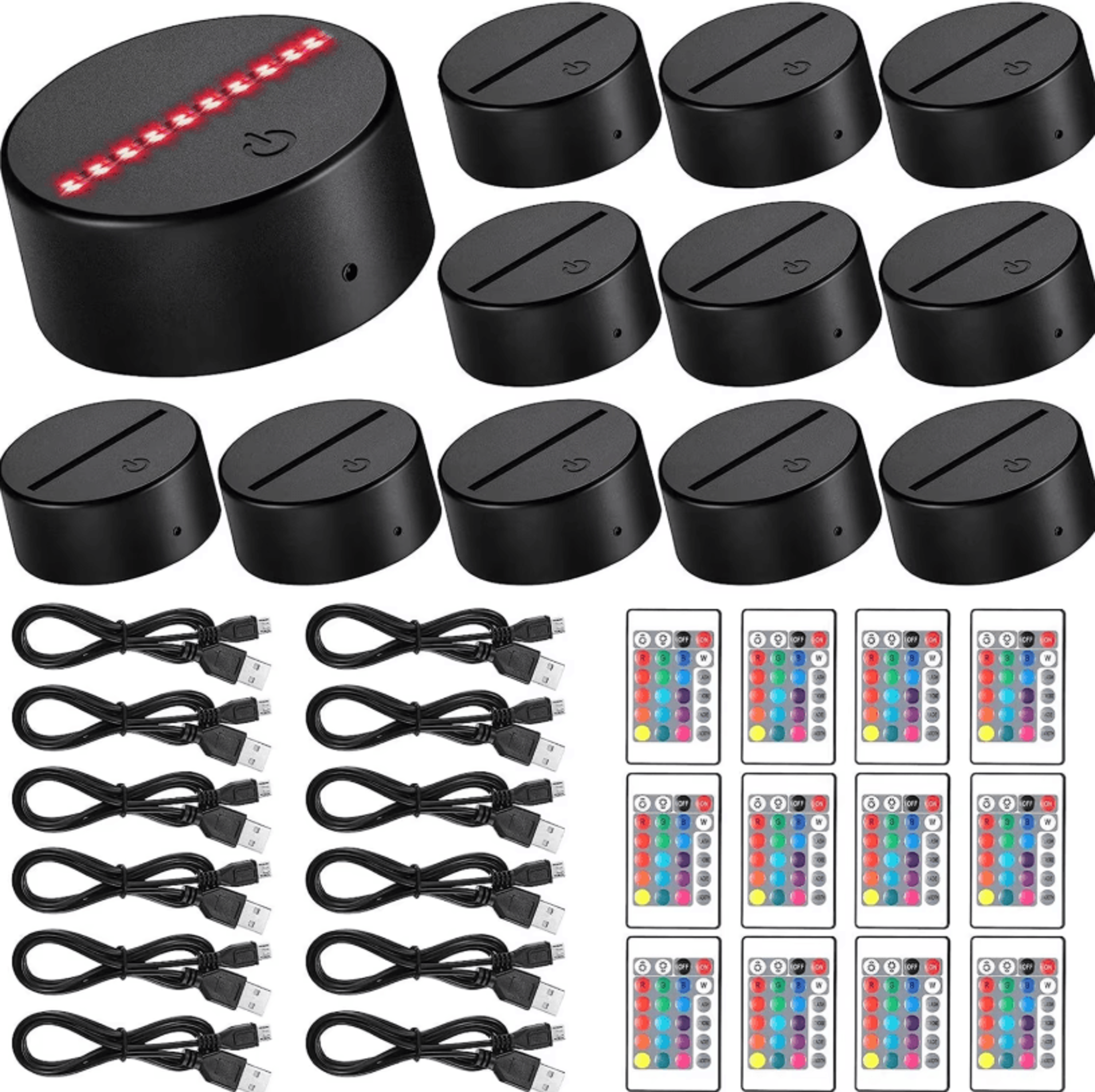 lumibase 12-pack 3d led light bases – usb cable & remote color changing display stand set