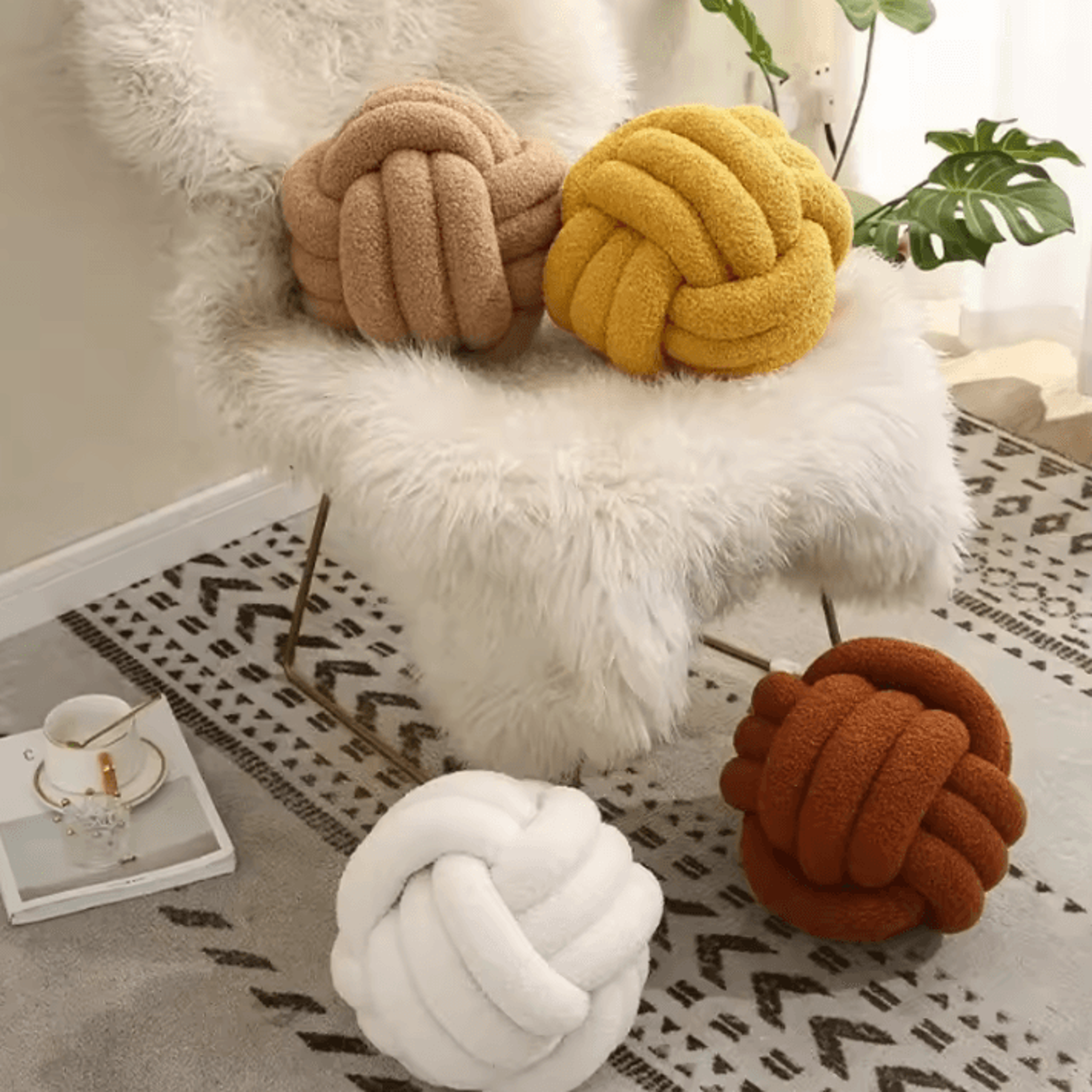 cozyknot woven ball cushion with backrest – plush round decorative pillow for sofa & bed