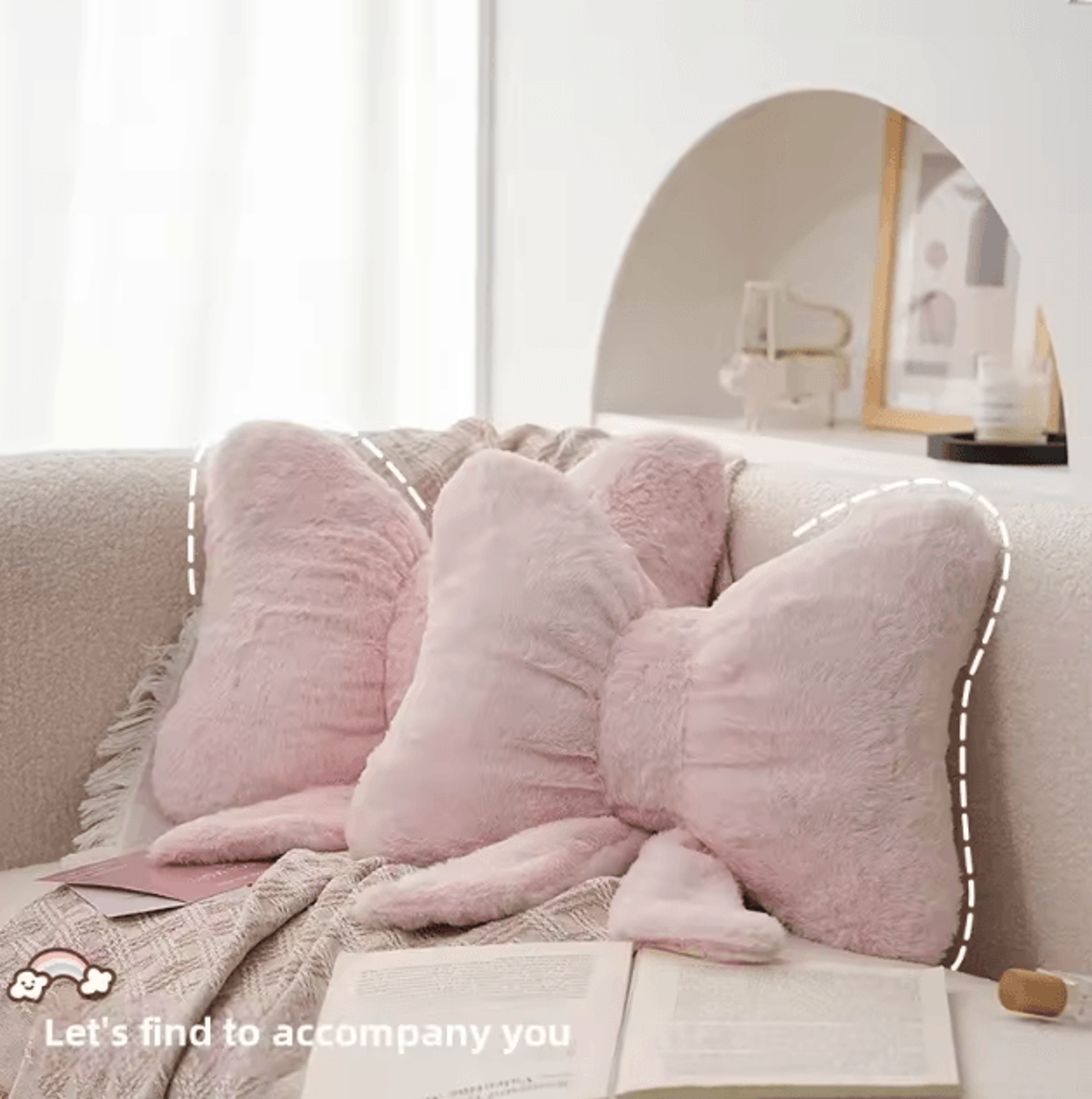 fluffease pink bow rabbit fur sofa pillow – plush car seat cushion & backrest support