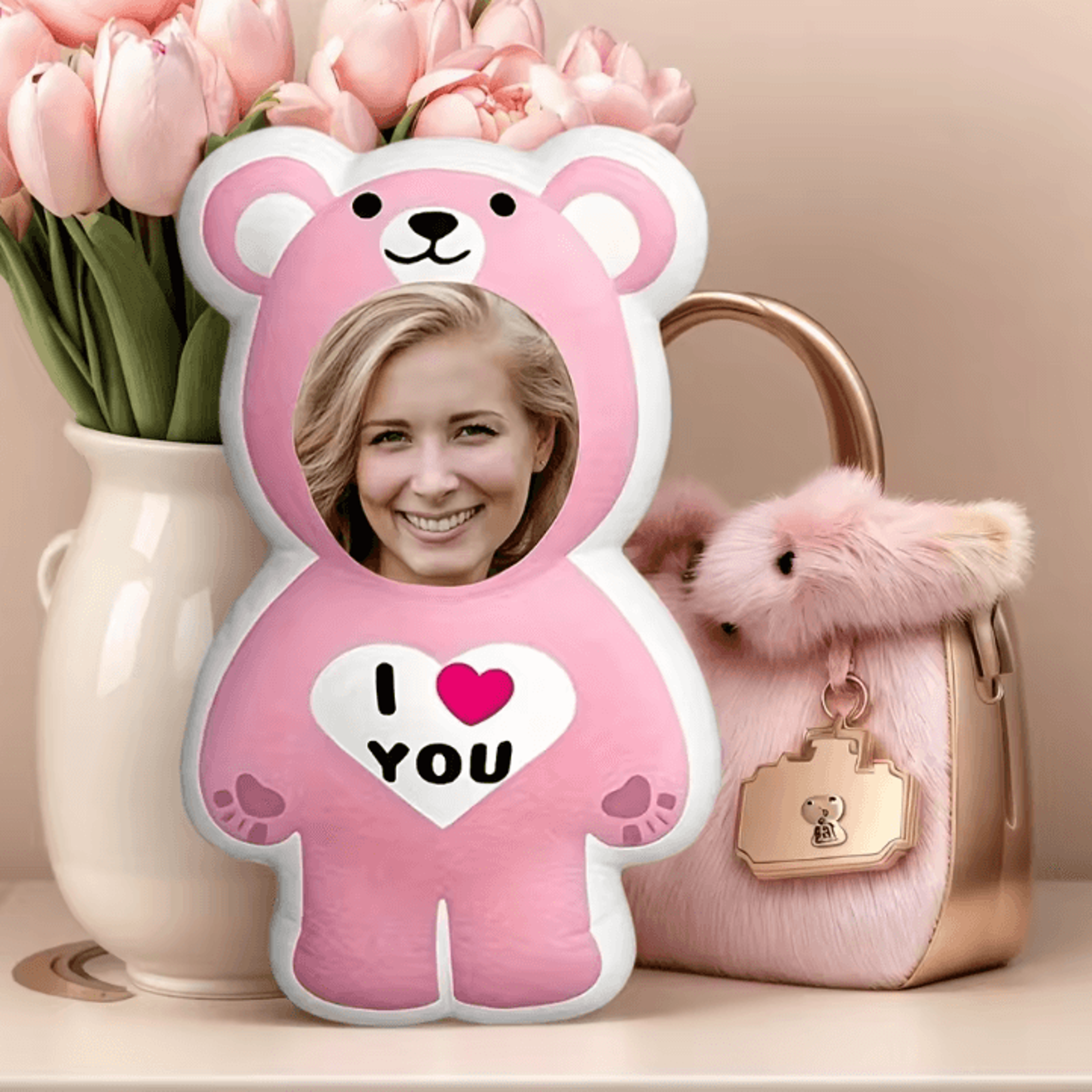 BearCharm Custom DoubleSided Printed Cushion  Pink Bear Portrait Pillow Gift For Valentines 2
