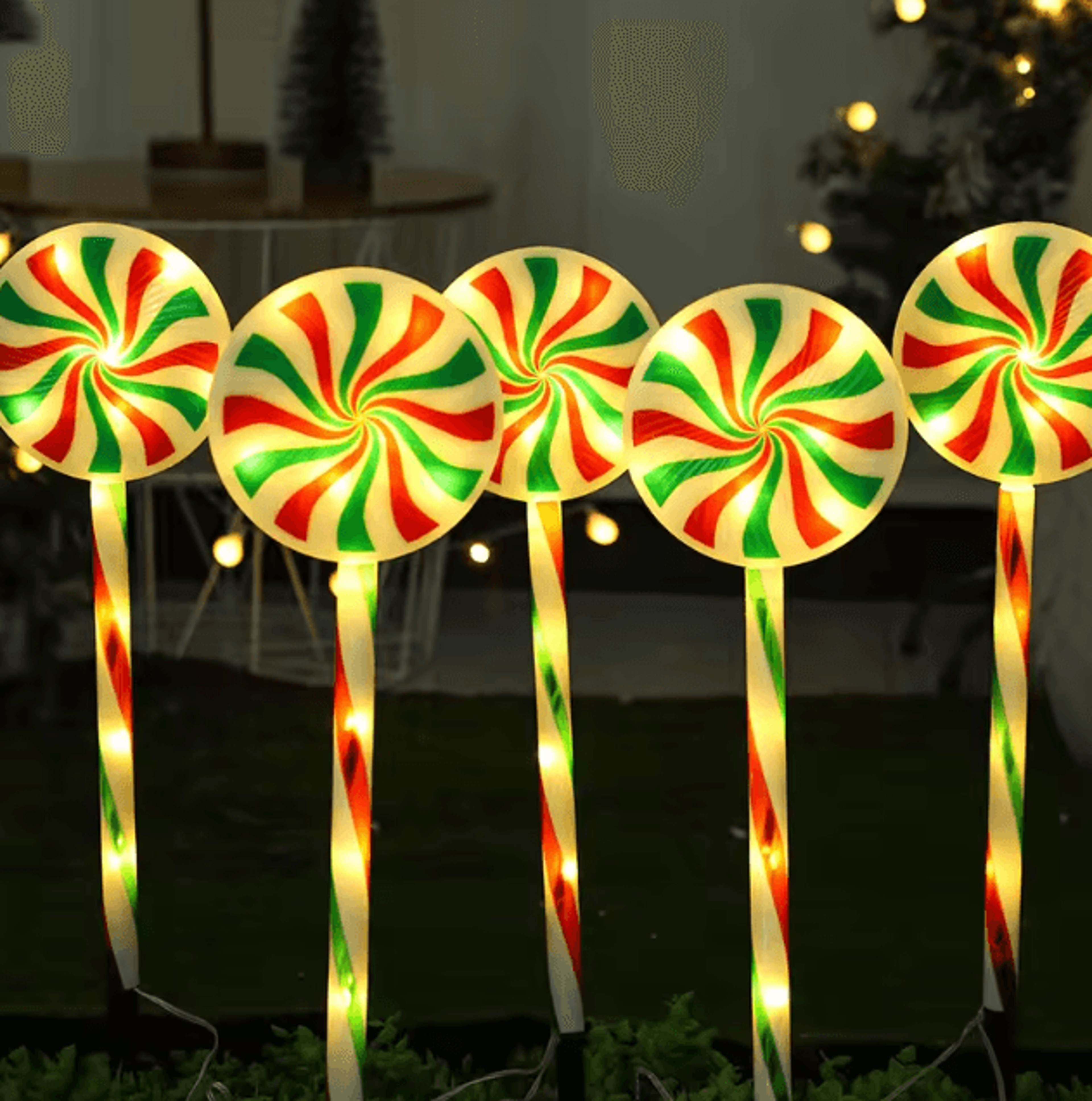 Solar 5Pack Candy Cane Christmas Pathway Lights  Waterproof Outdoor Holiday Stakes 2