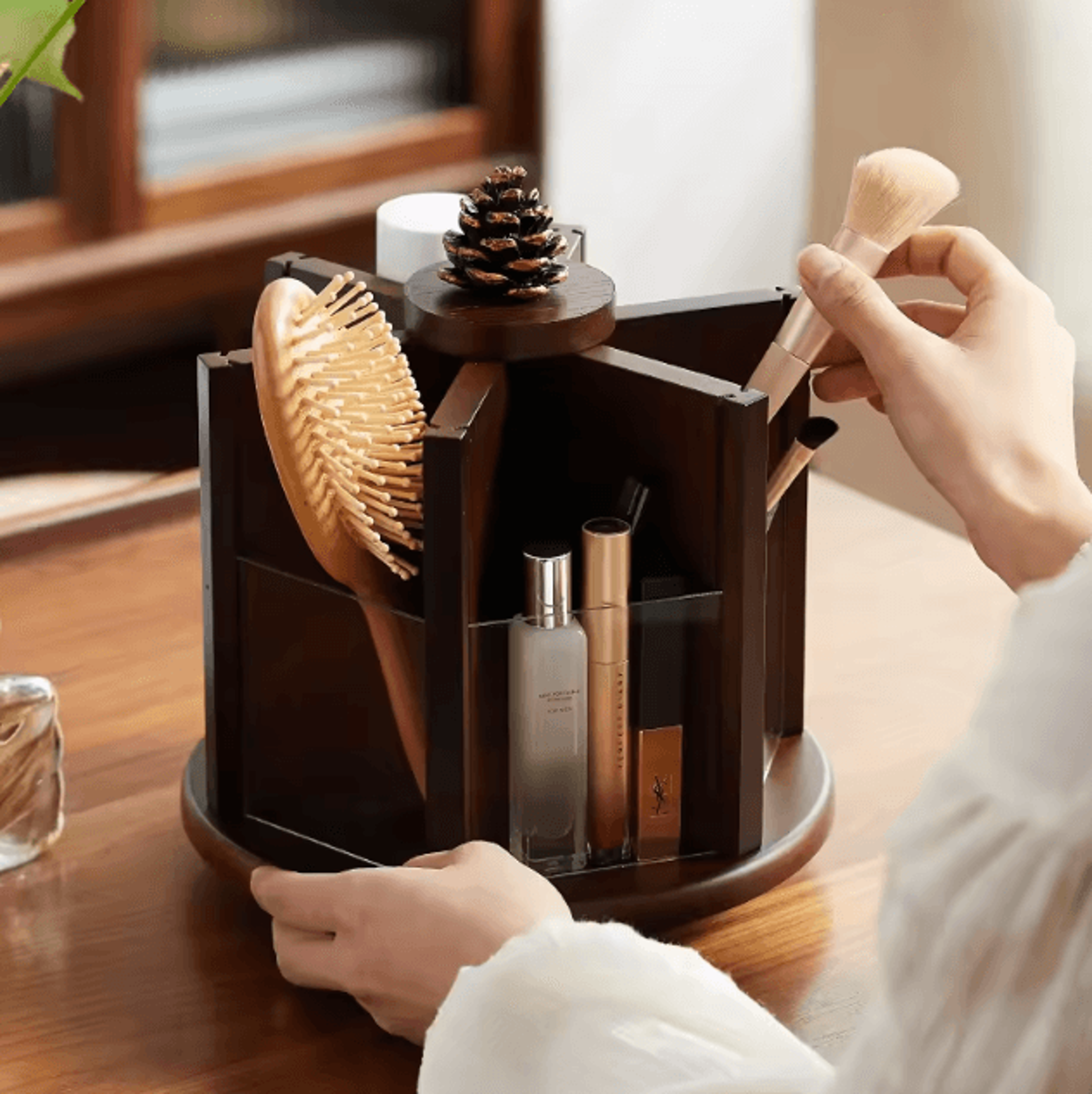 Vintage Wooden Rotating Makeup Organizer Desktop Wood Cosmetic Storage Box With Drawers For Vanity  2