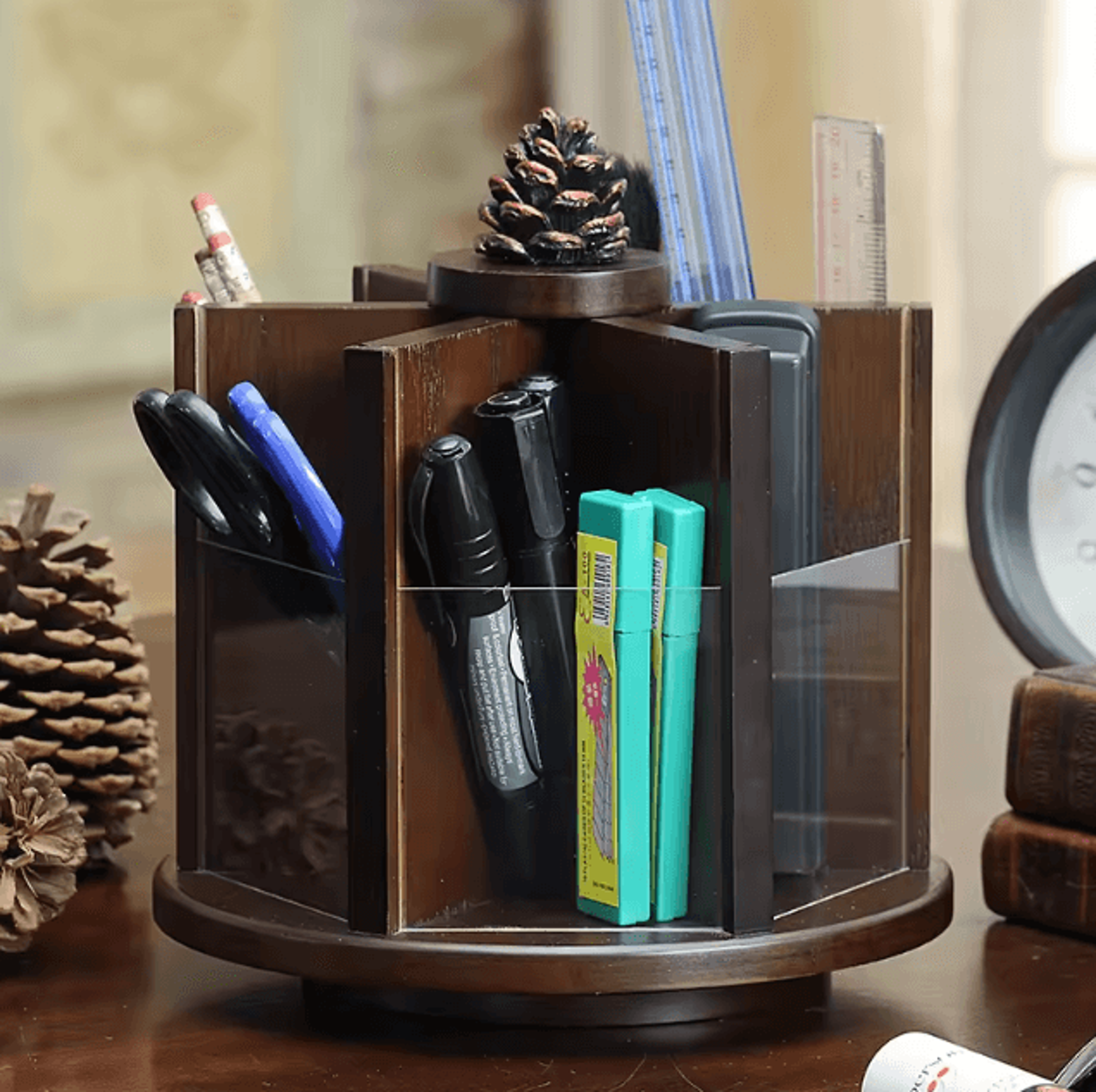 Vintage Wooden Rotating Makeup Organizer Desktop Wood Cosmetic Storage Box With Drawers For Vanity  4