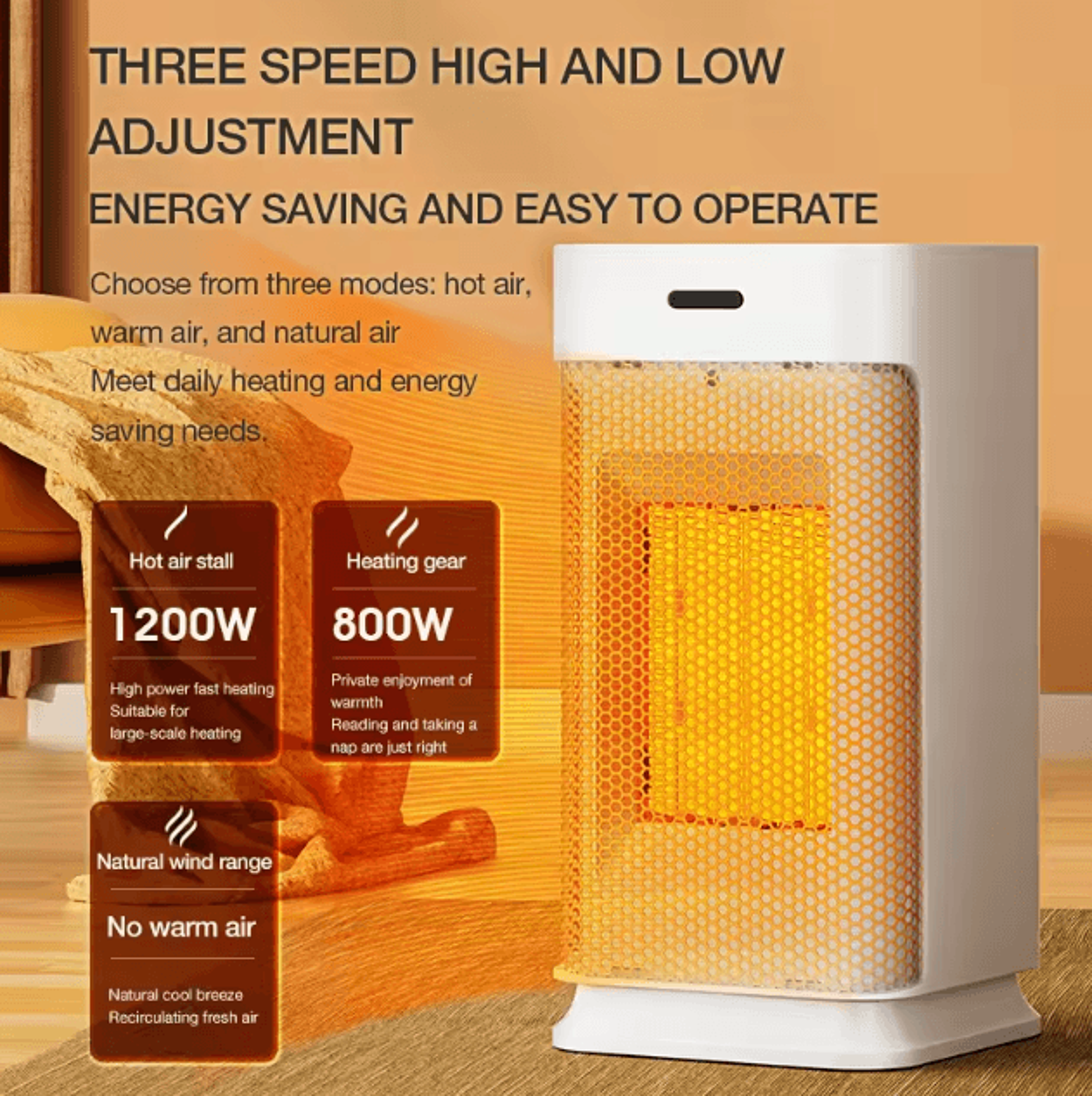 1200W Portable PTC Ceramic Desktop Heater EU Plug Fast Heating Silent Space Heater With Night Light 4