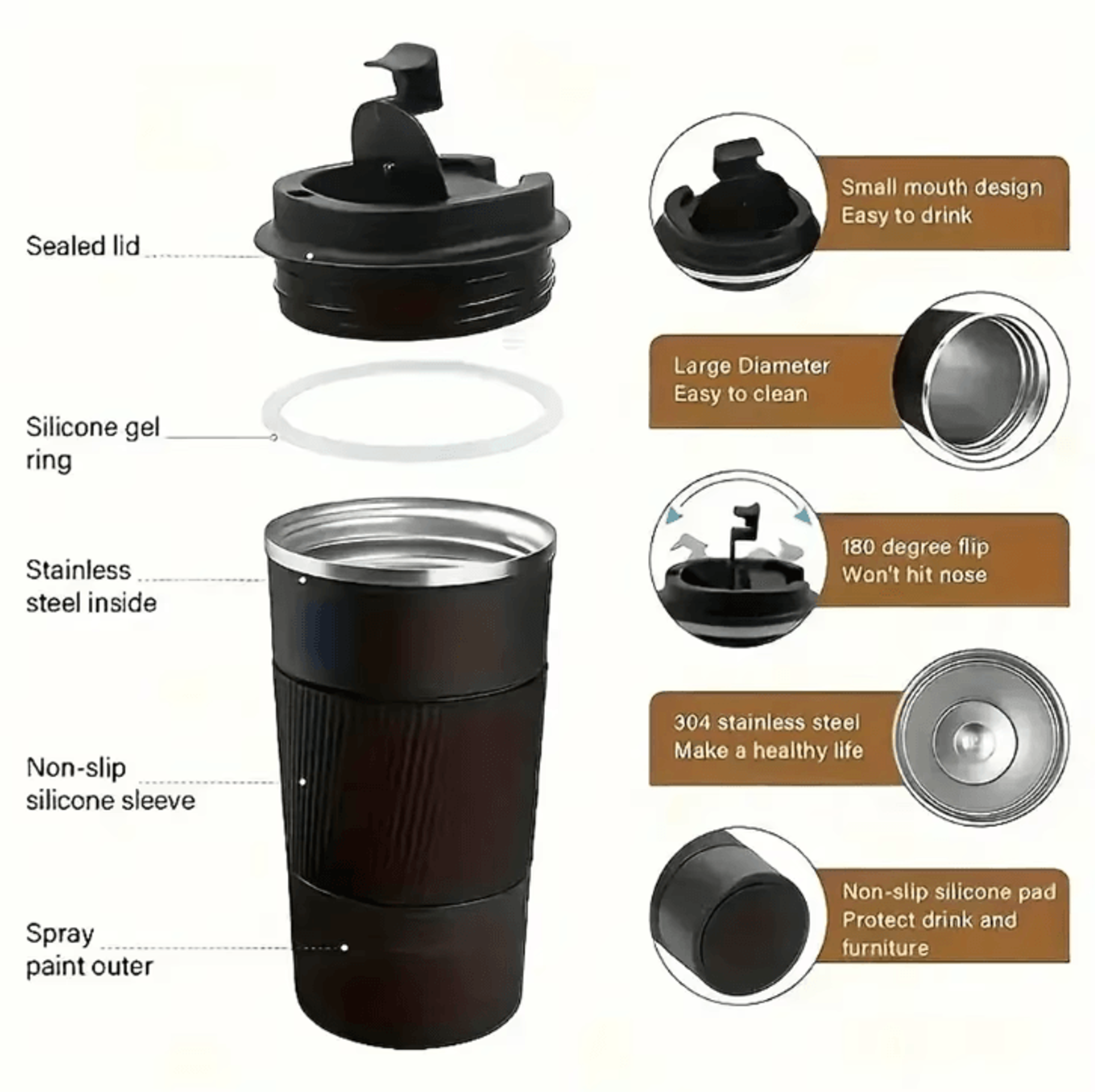 thermodrive stainless steel travel mug – leakproof insulated coffee cup for car & travel (380/510ml)