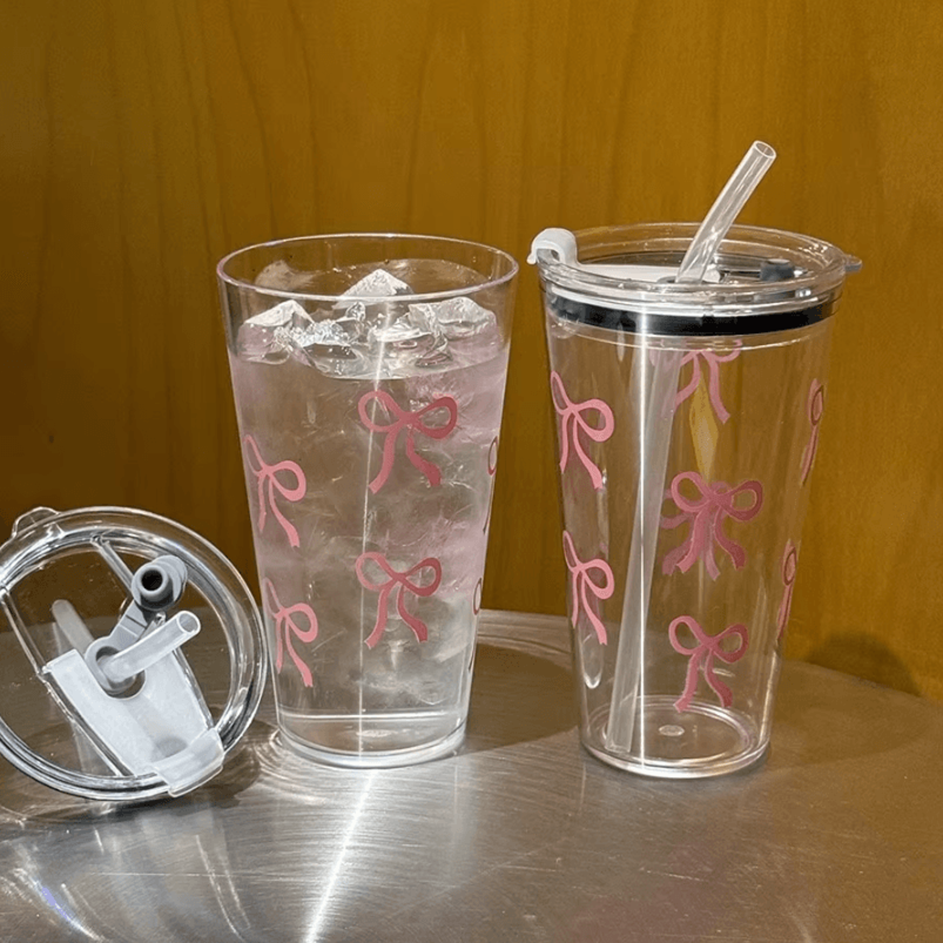 Cute Pink Bow Straw Cup  500ml Leakproof Transparent Travel Tumbler For Coffee  Water 1