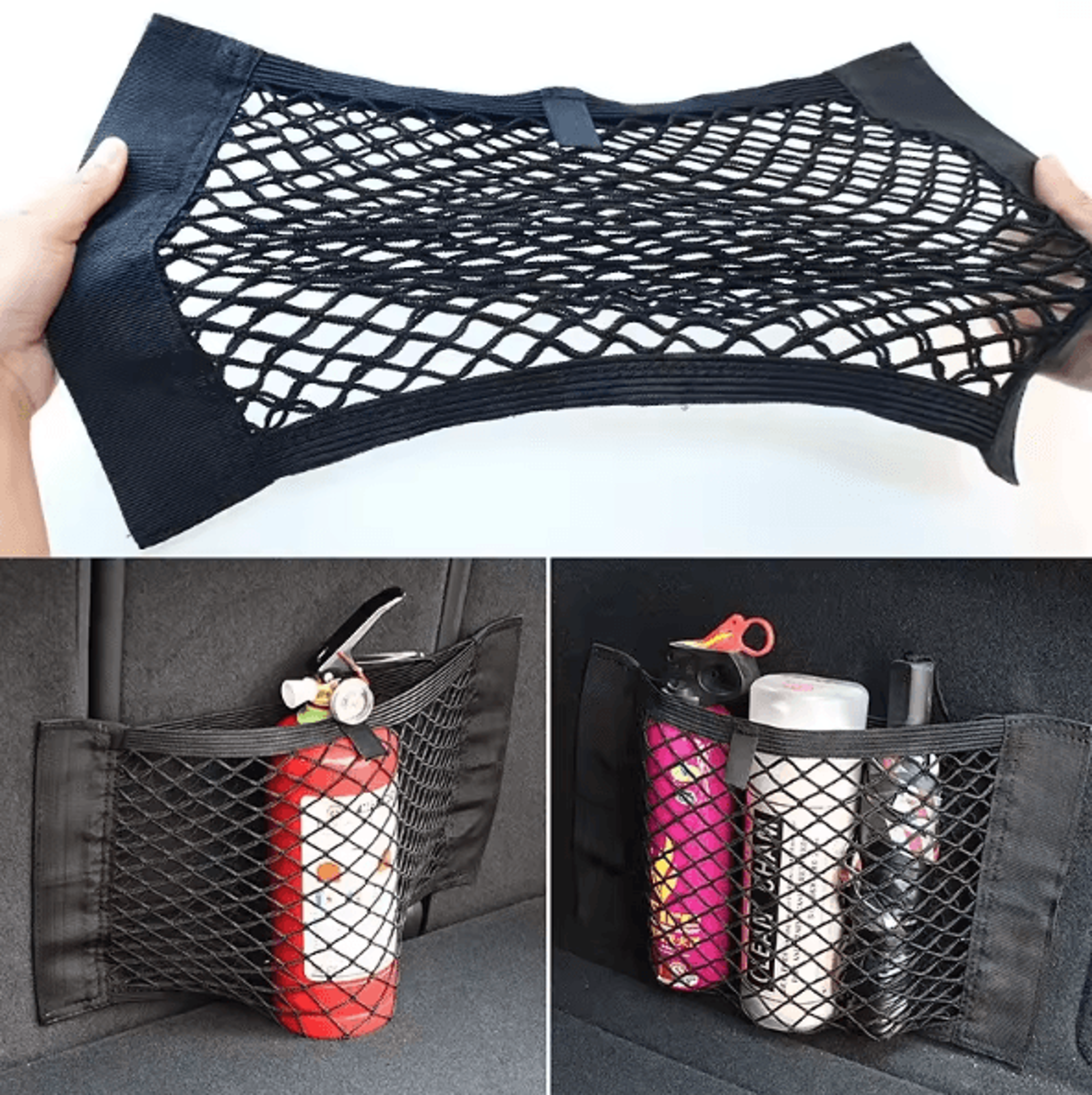 universal car trunk storage net – elastic mesh seat back organizer pocket