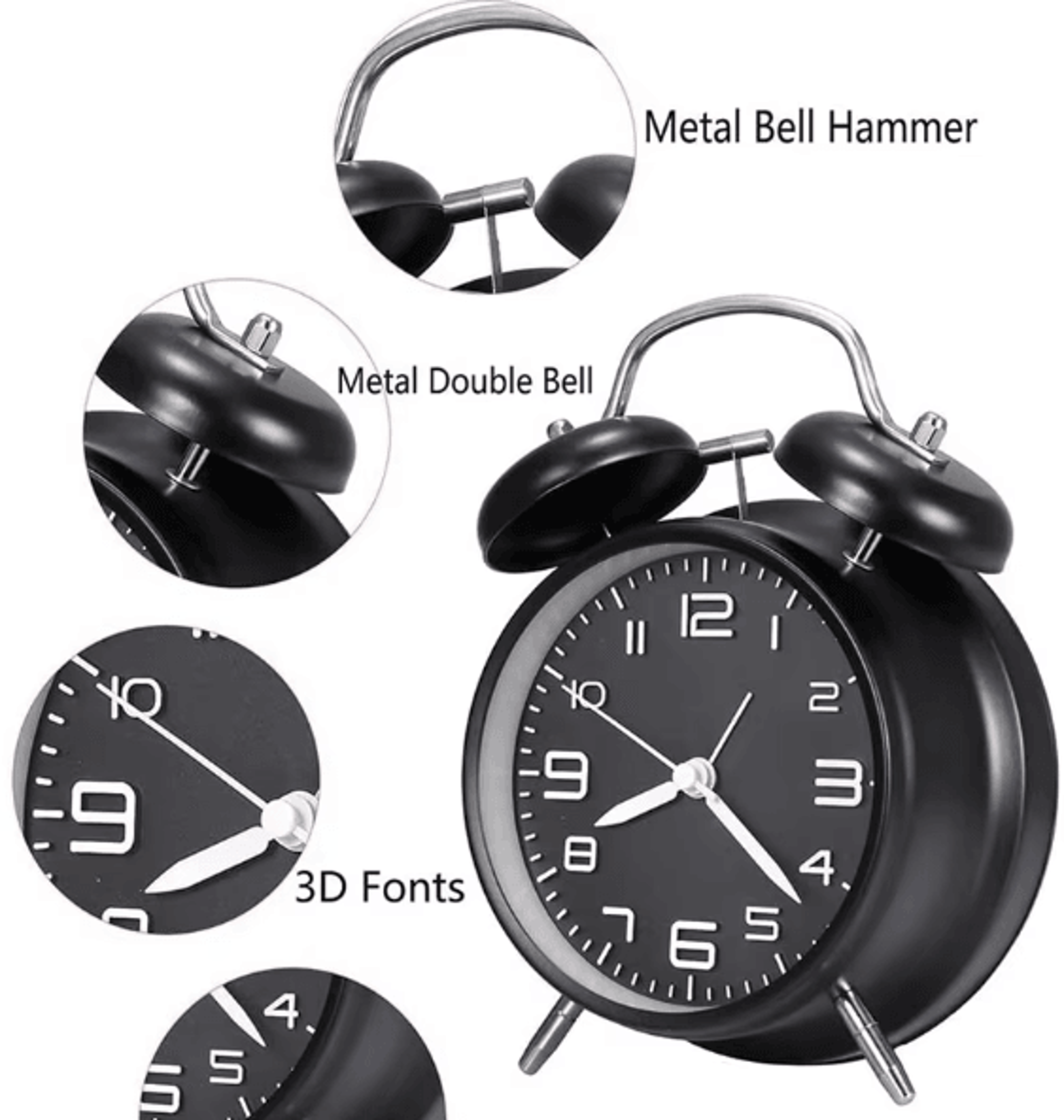 4Inch Twin Bell Loud Alarm Clock  Retro Metal Desk Clock With Backlight For Heavy Sleepers 3