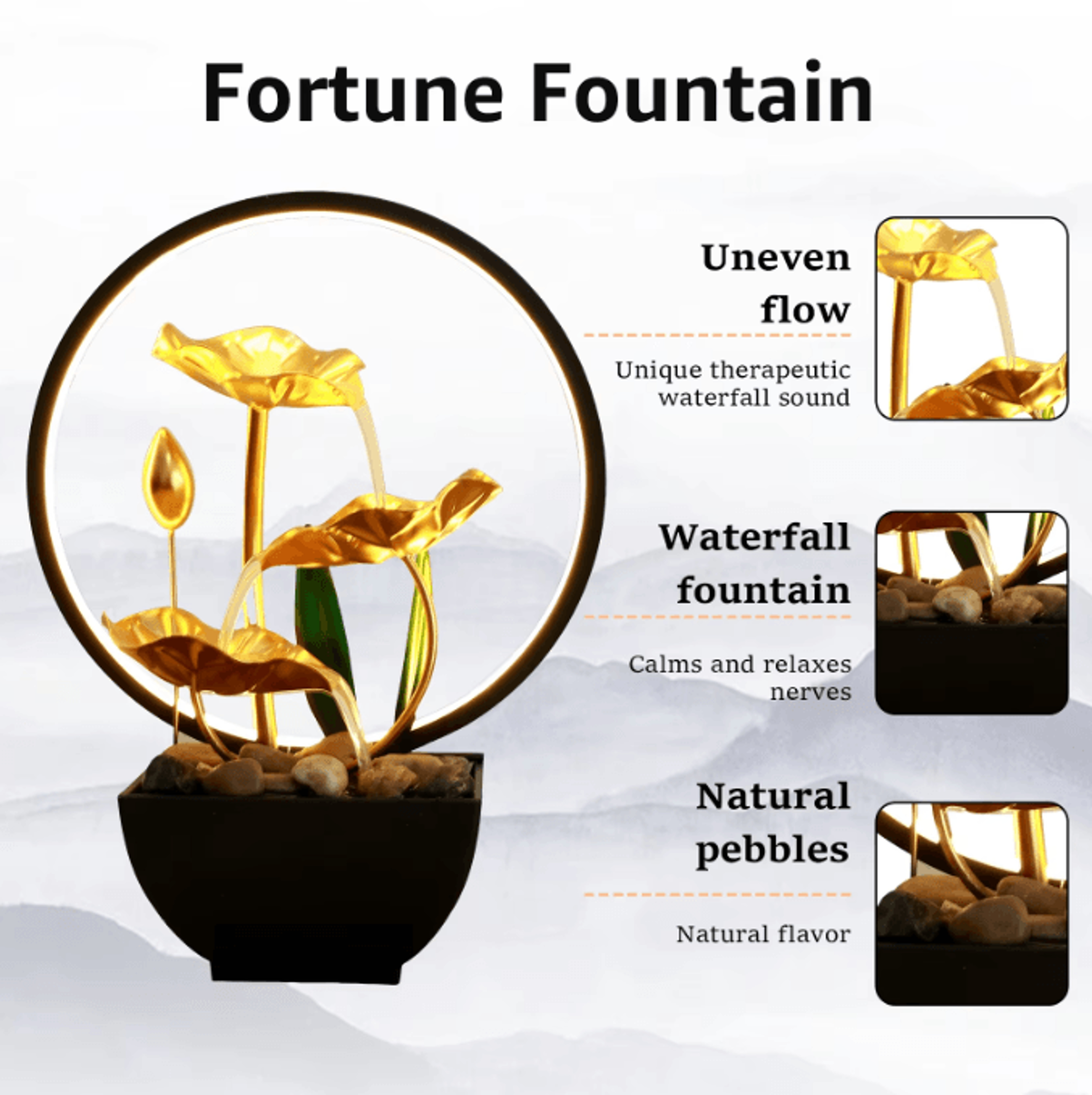 USB LED Tabletop Water Fountain Relaxation Desktop Waterfall With Natural Stones And Ambient Light  3