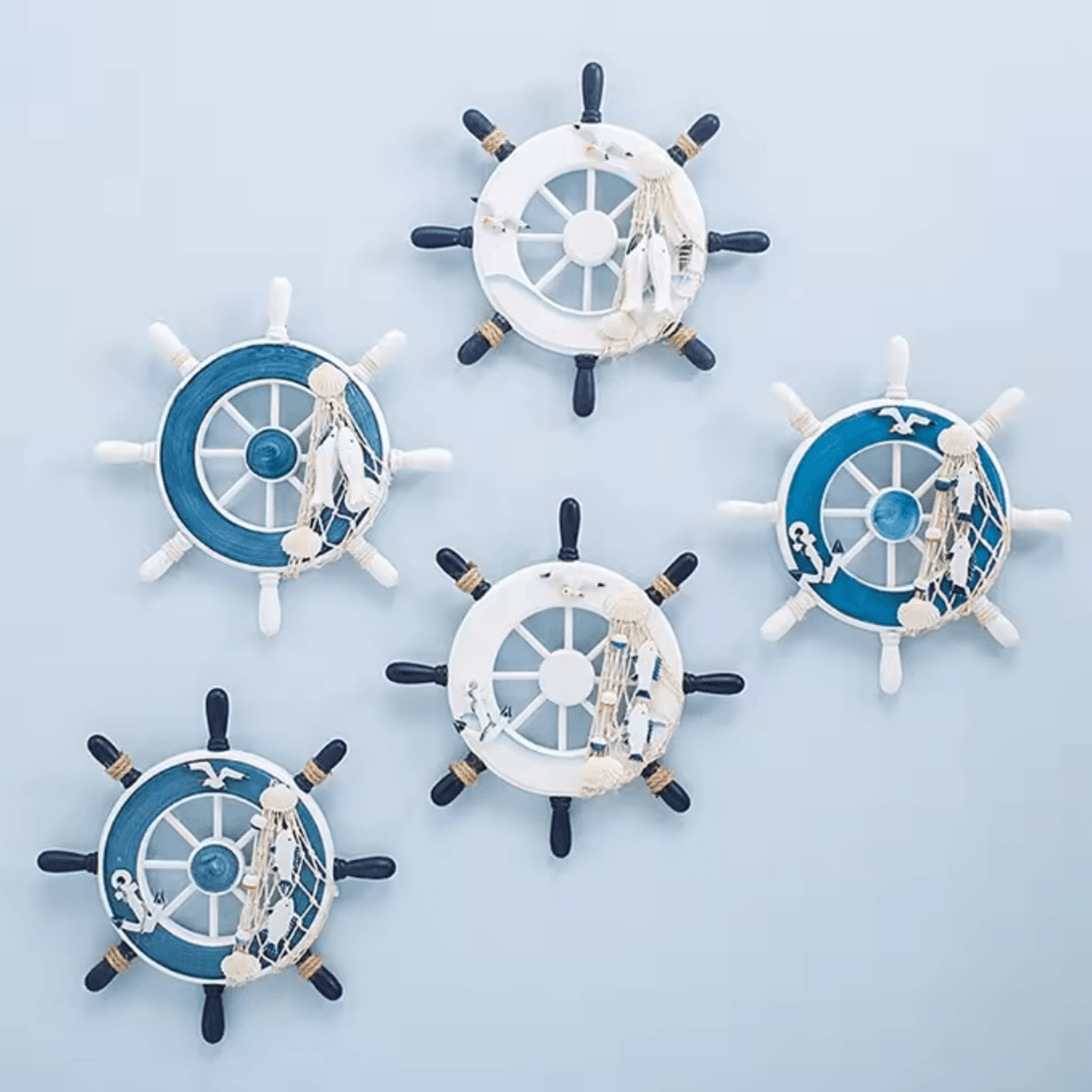 coastalcharm 9-inch wooden ship wheel wall decor with fishing net for beach-themed home styling