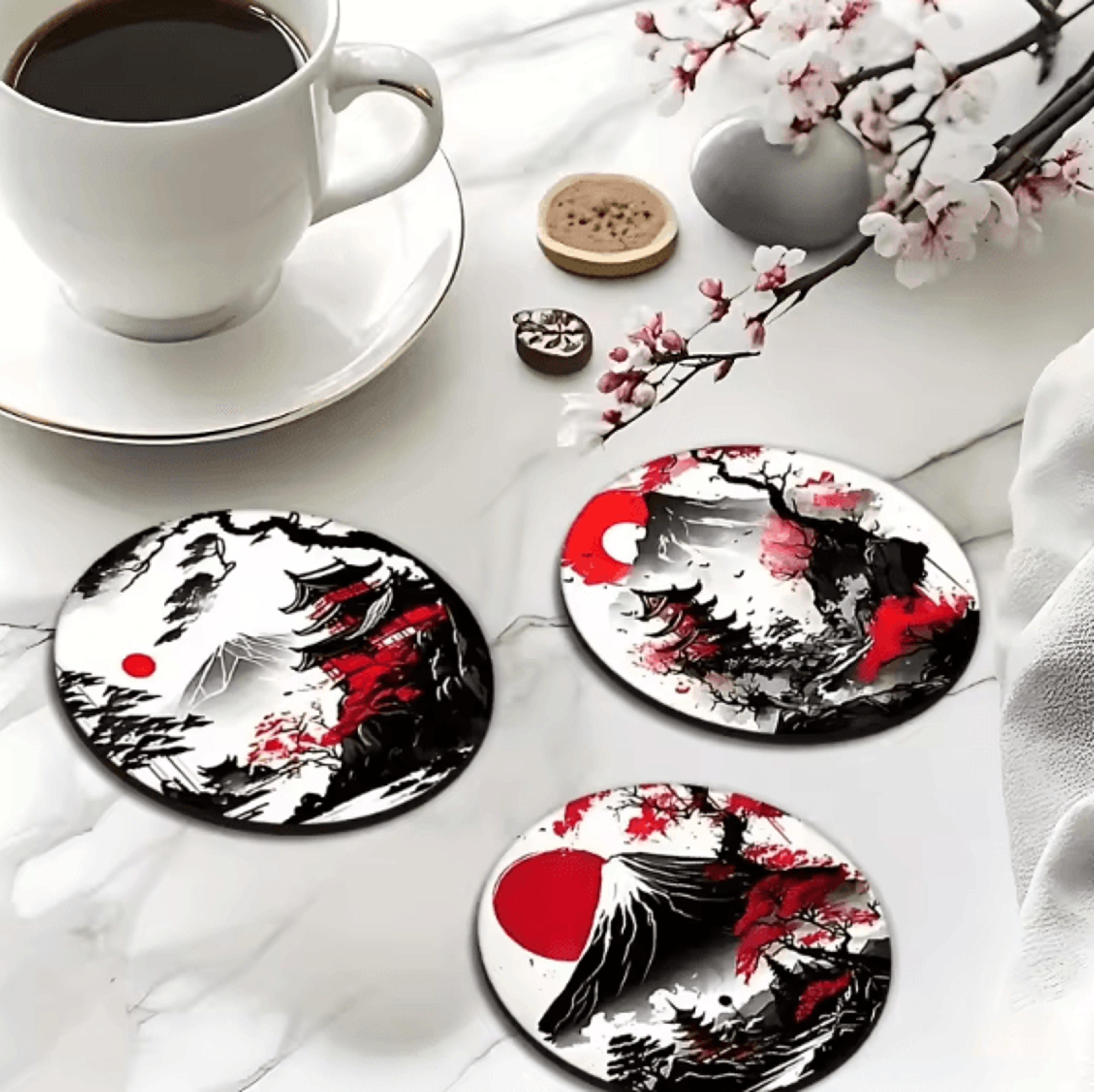 6-piece wooden japanese landscape coaster set – non-slip heatproof drink coasters for home & office