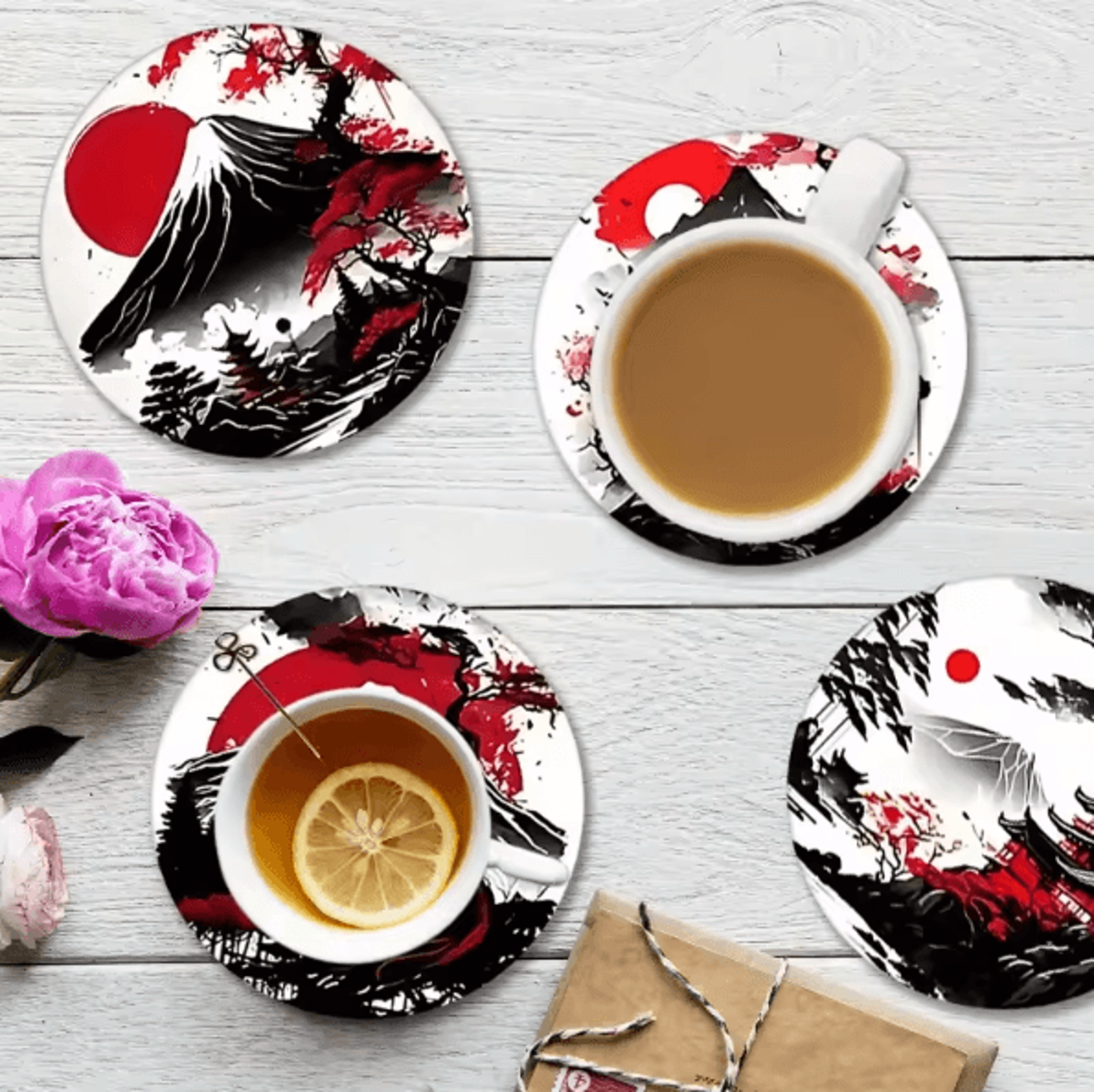6Piece Wooden Japanese Landscape Coaster Set  NonSlip Heatproof Drink Coasters For Home  Office 1