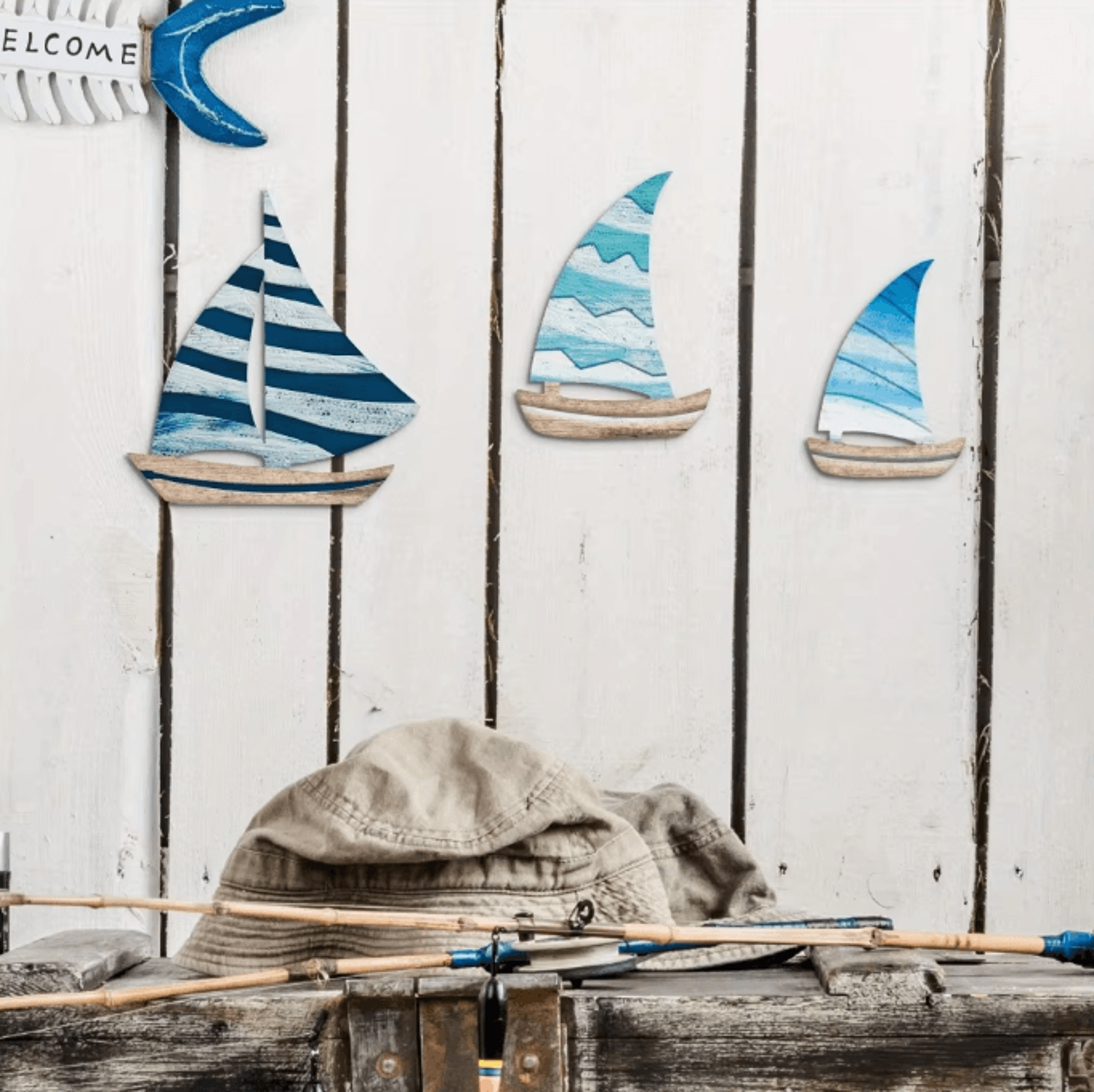 3PCS Blue Wooden Sailboat Wall Decor  Coastal Farmhouse Nautical Art Set 2