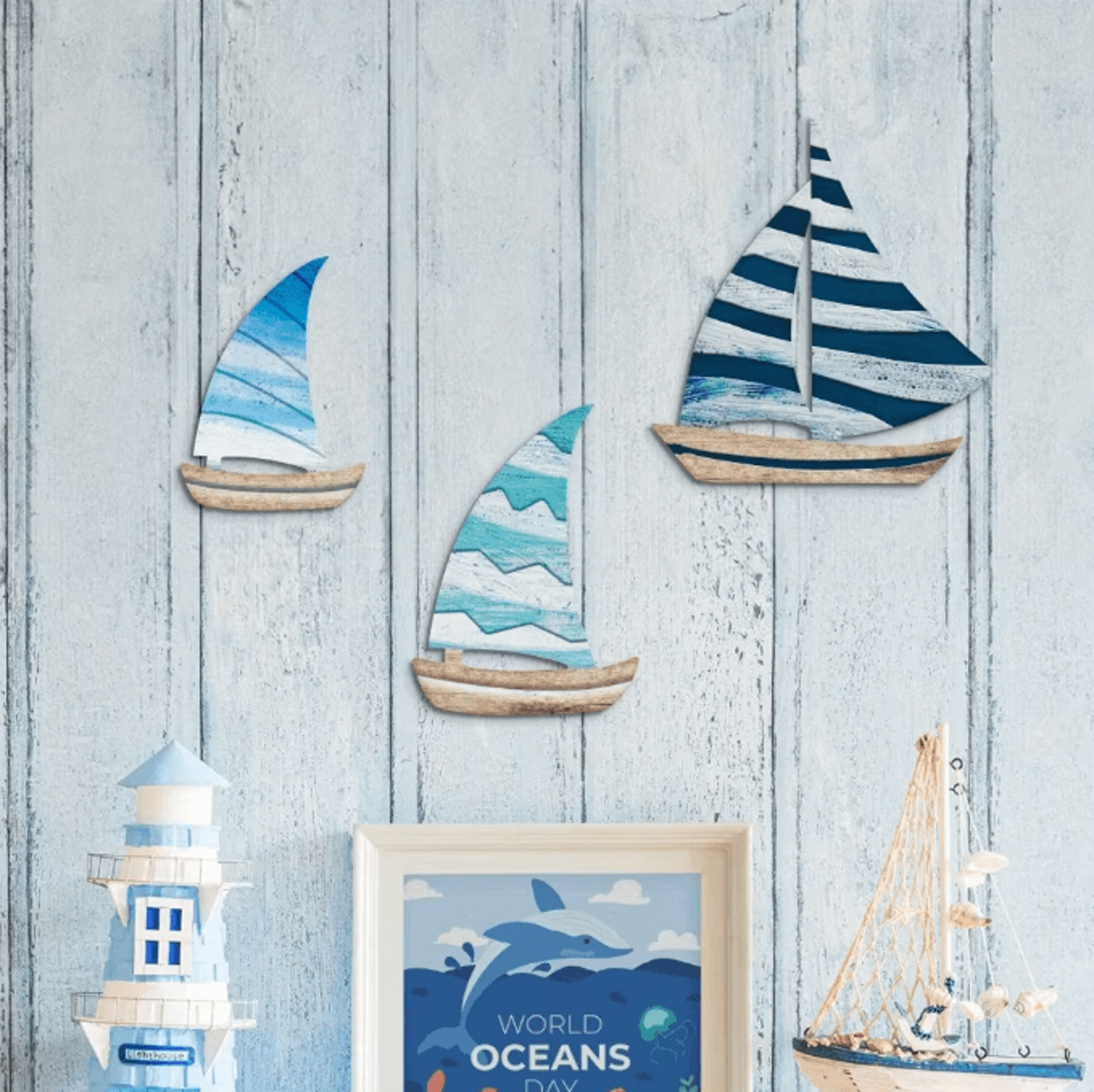 3PCS Blue Wooden Sailboat Wall Decor  Coastal Farmhouse Nautical Art Set 5