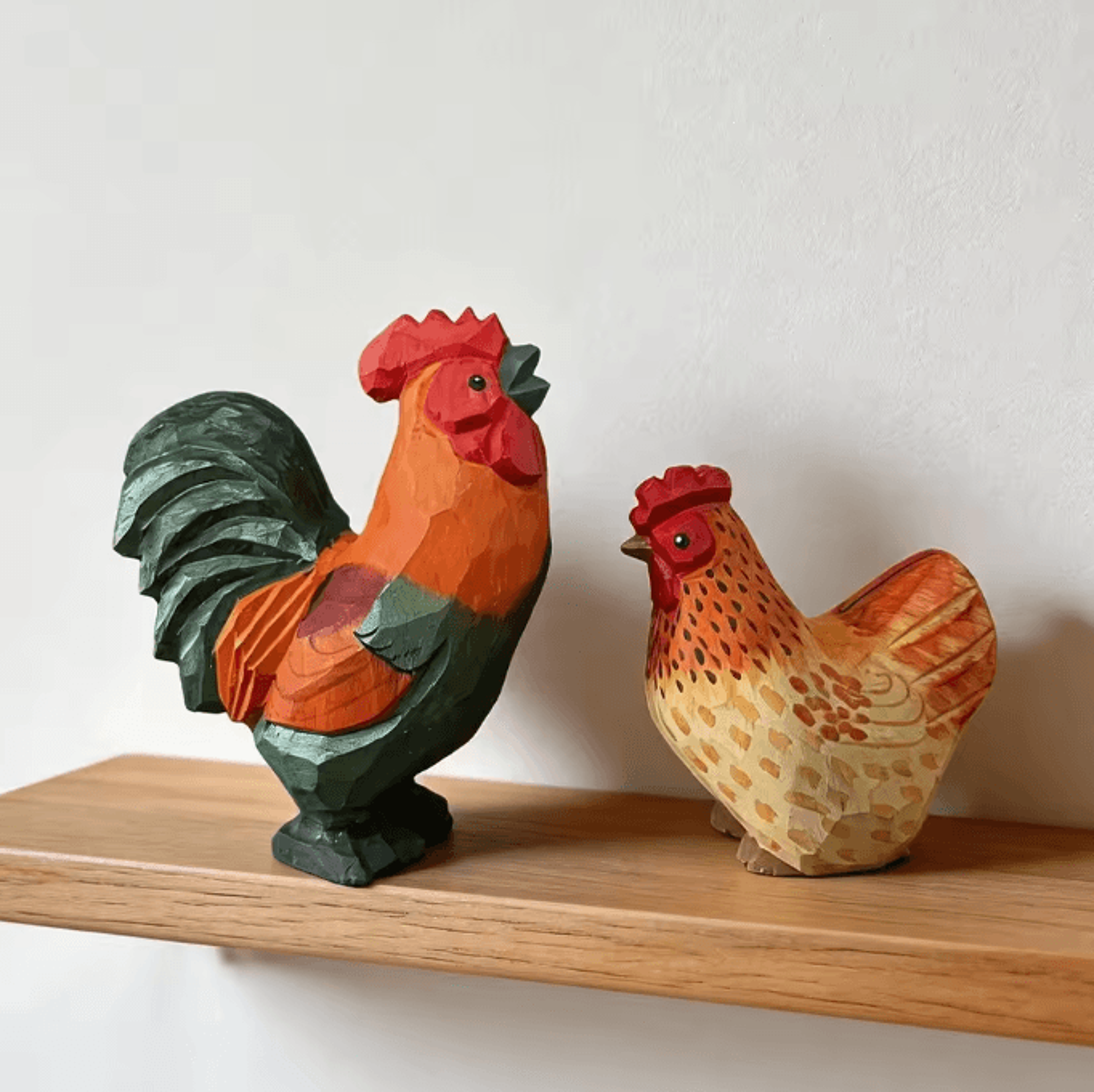 HandCarved Wooden Rooster  Hen Figurine Set  Rustic Farmhouse Decor 0