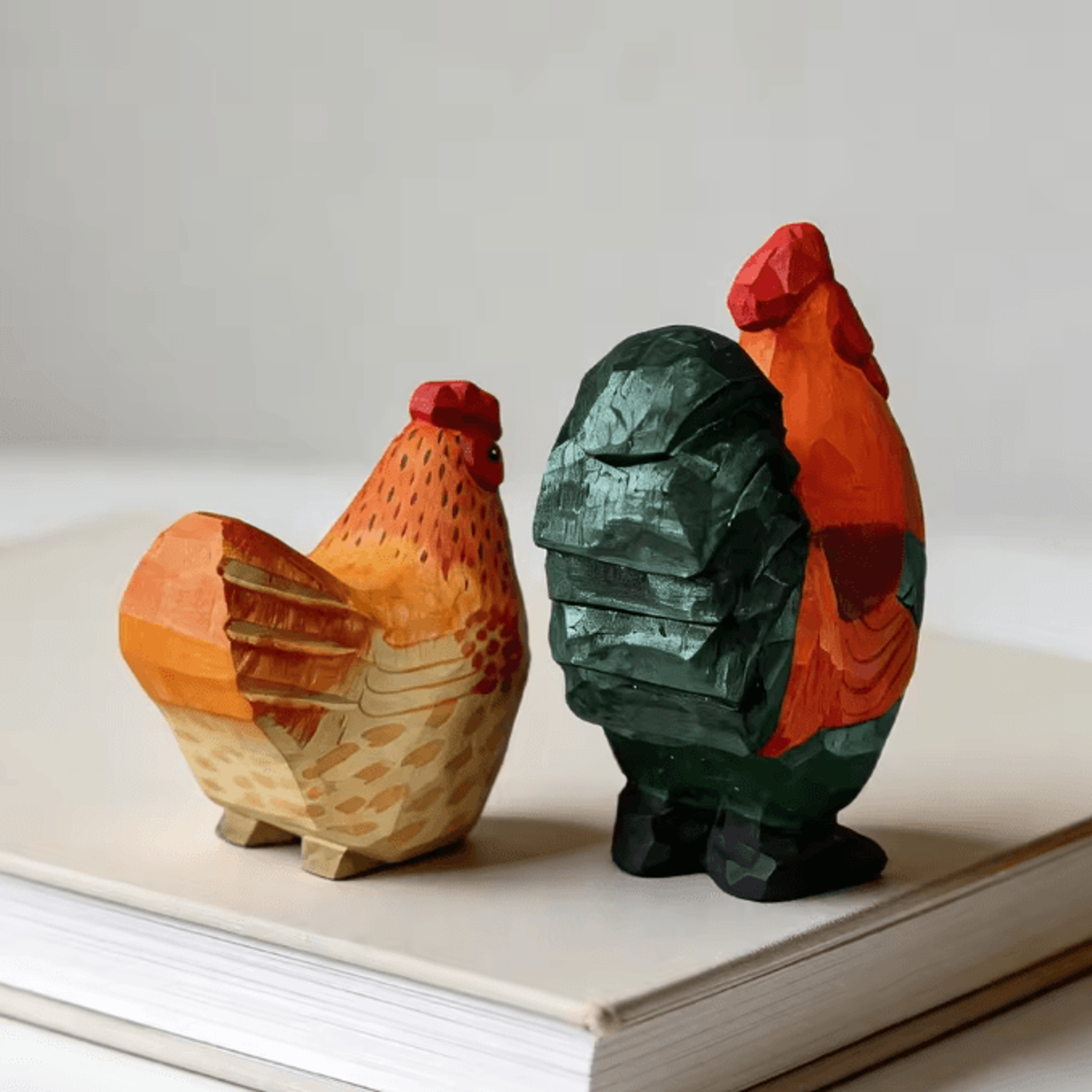 HandCarved Wooden Rooster  Hen Figurine Set  Rustic Farmhouse Decor 2