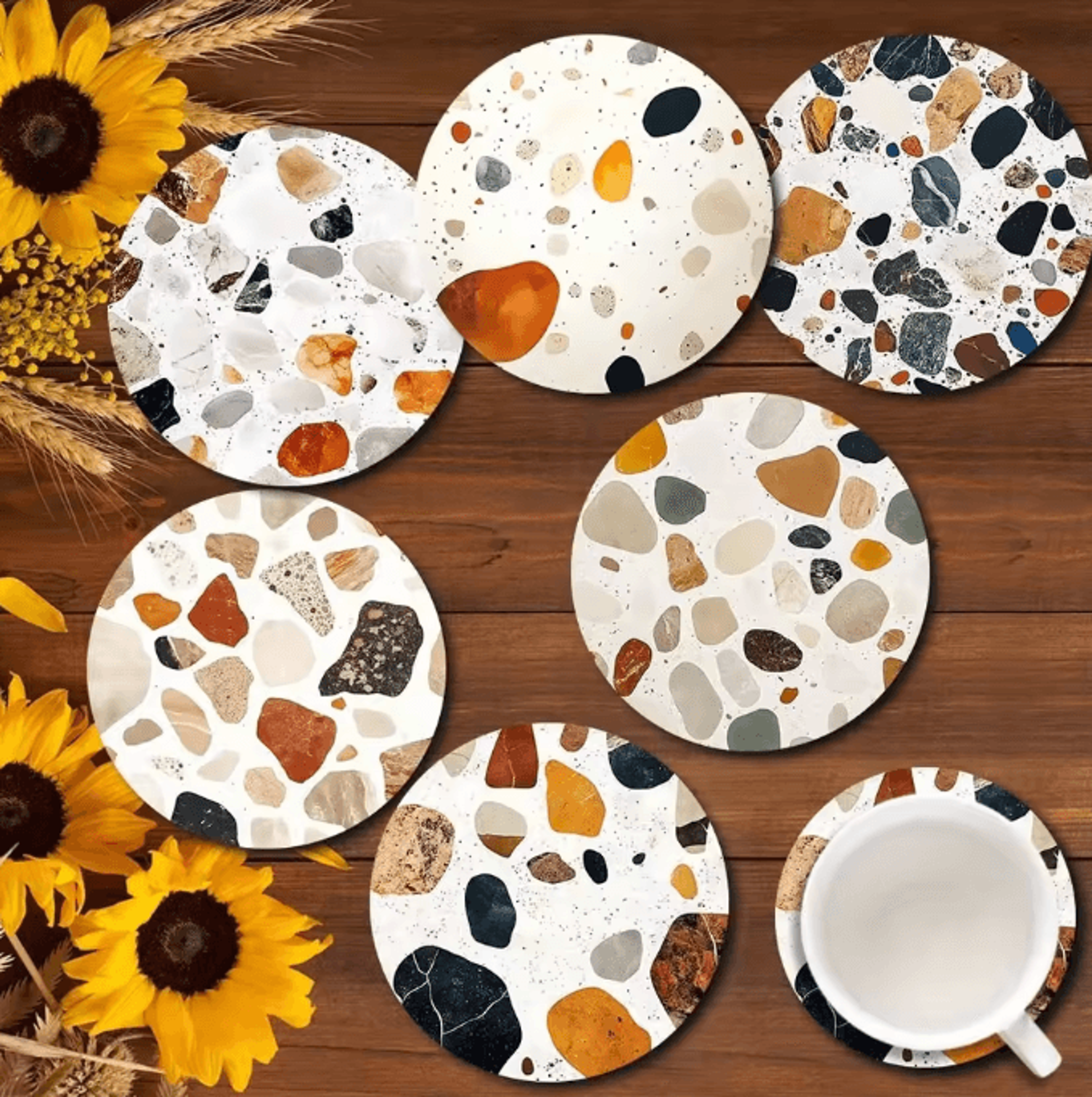 6Piece Wooden Coaster Set  Stone Pattern Insulated Drink Mats 1