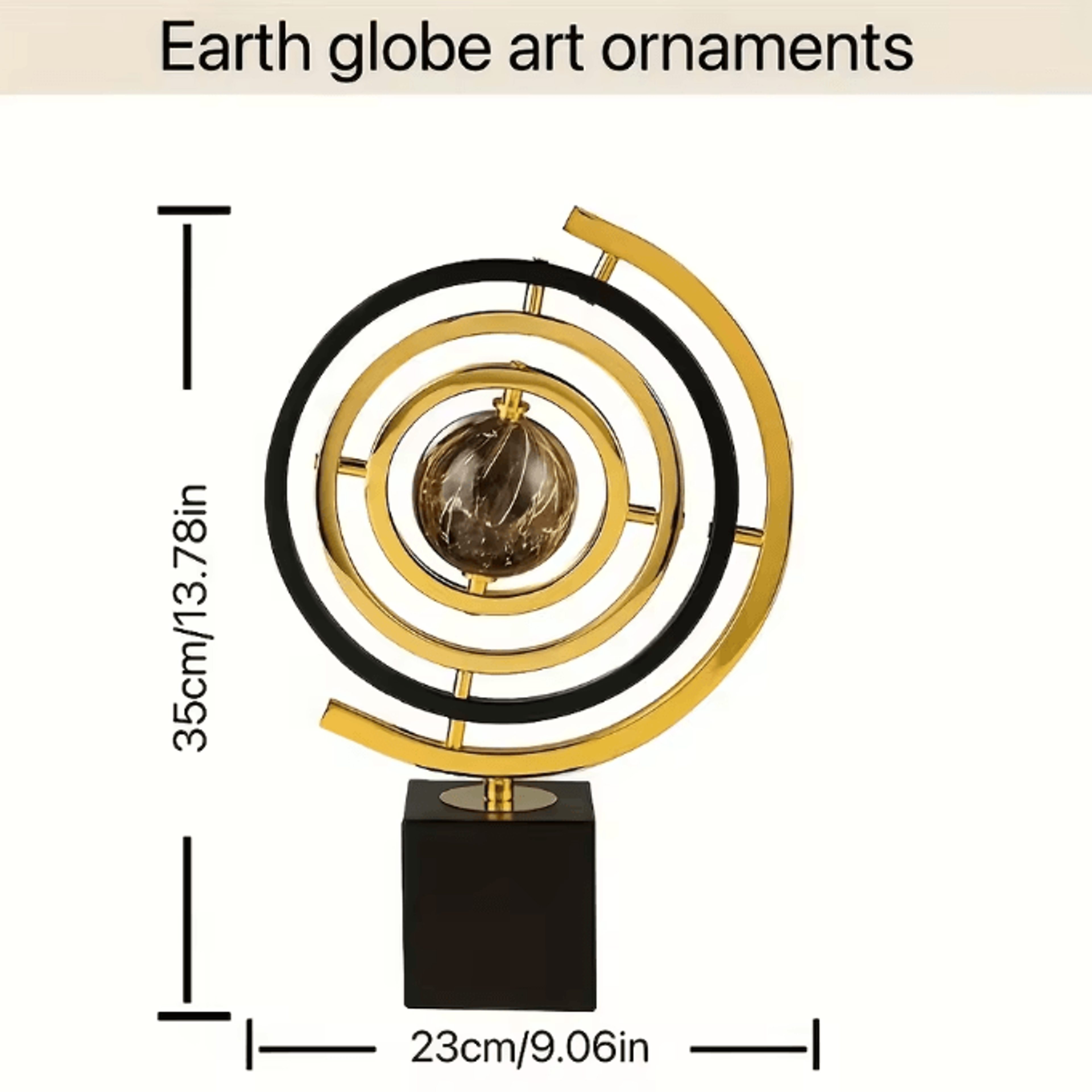 Modern Abstract Metal Globe Sculpture  Black  Gold Desk Art Decor With Rectangular Base 5