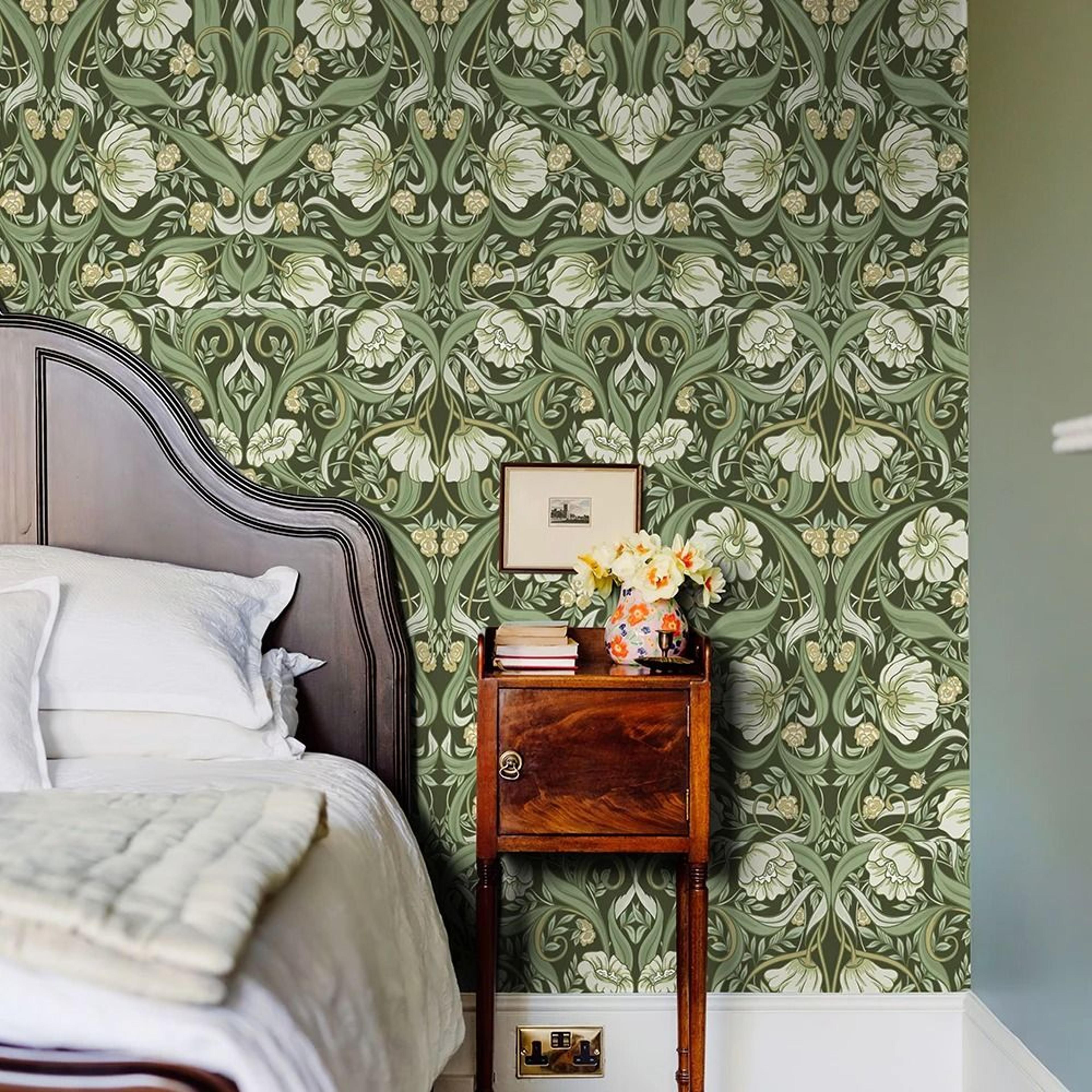 green boho floral symmetrical flower peel stick wallpaper cabinet contact paper