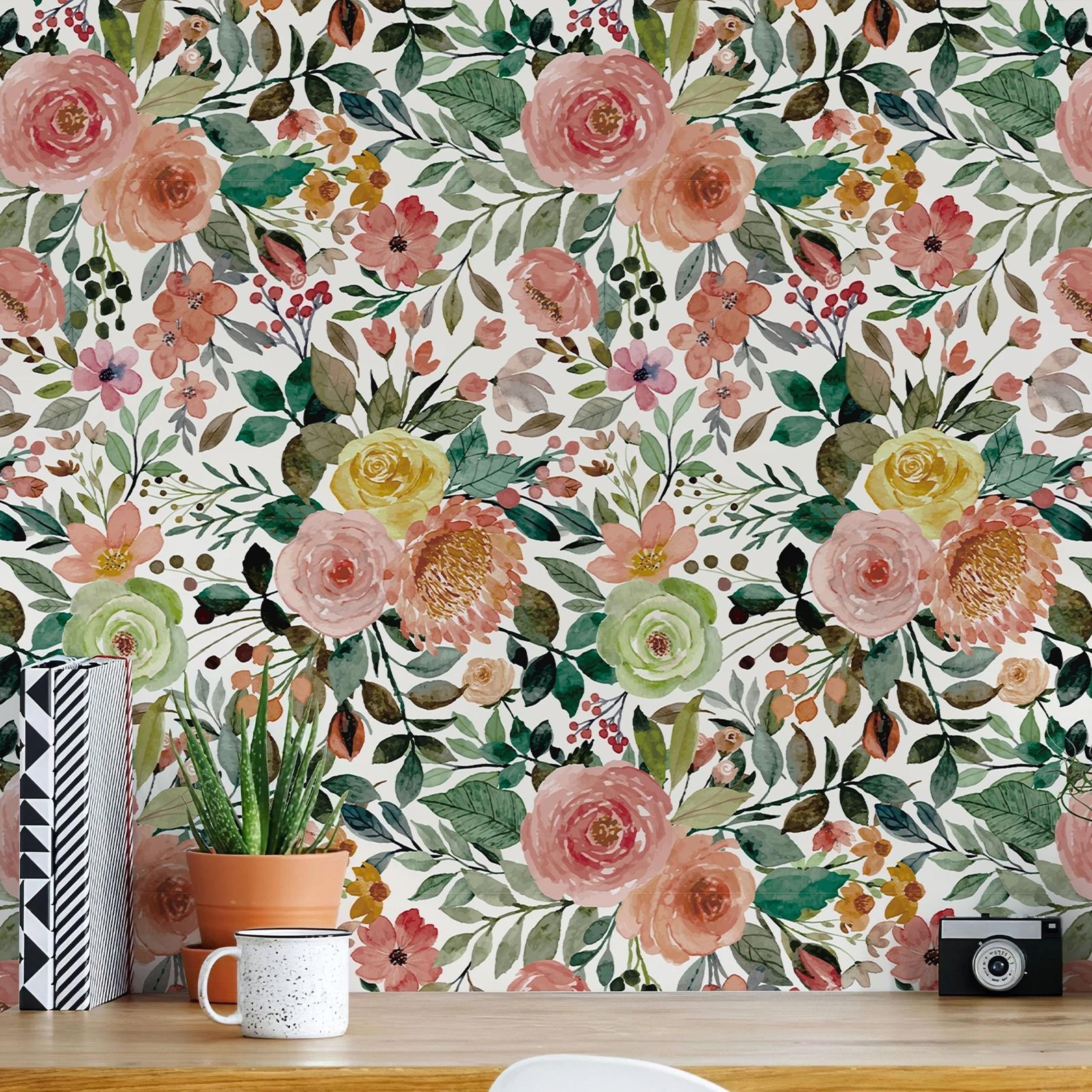 pink floral classic green leaves watercolor peel stick wallpaper