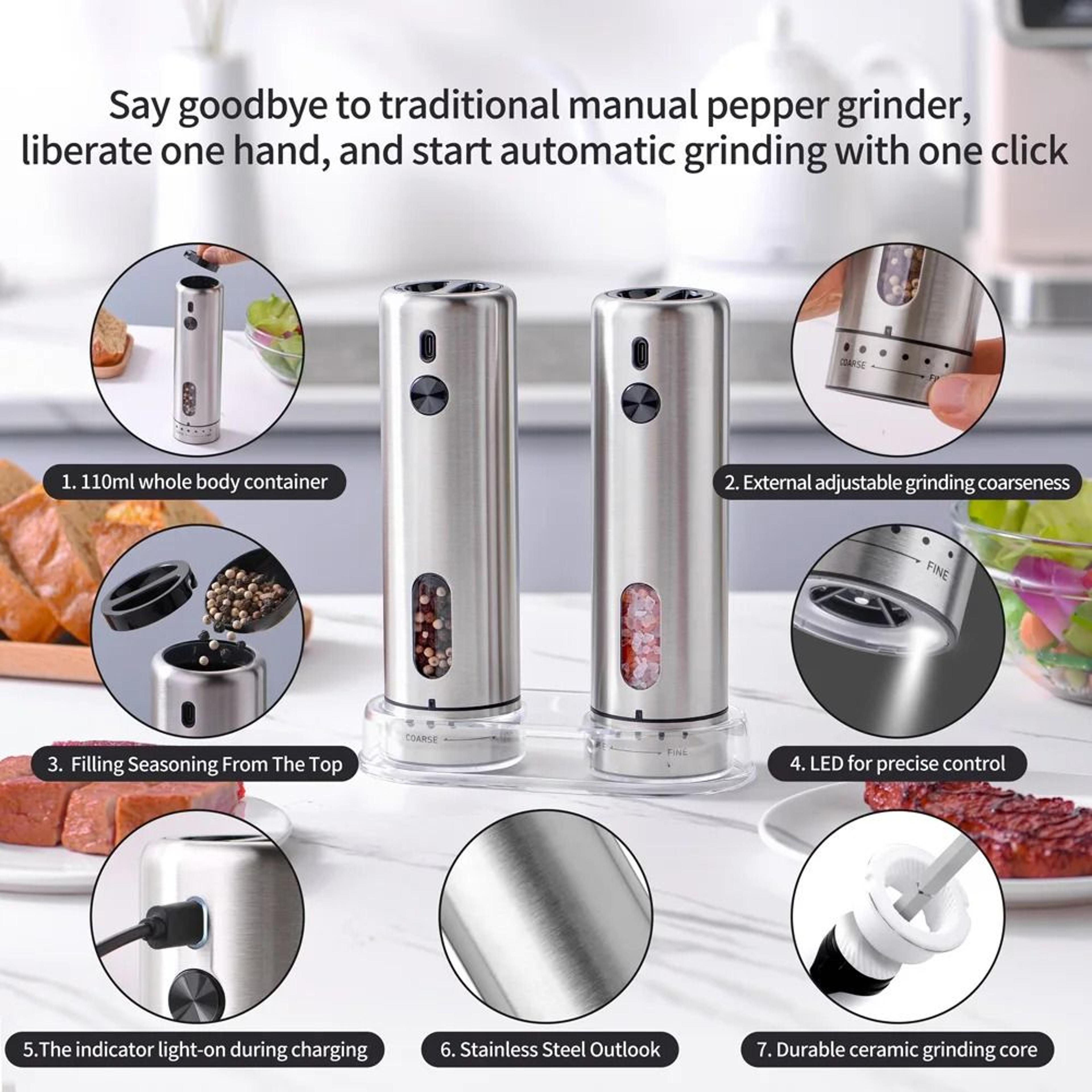 automatic usb rechargeable electric salt and pepper grinder set with adjustable coarseness