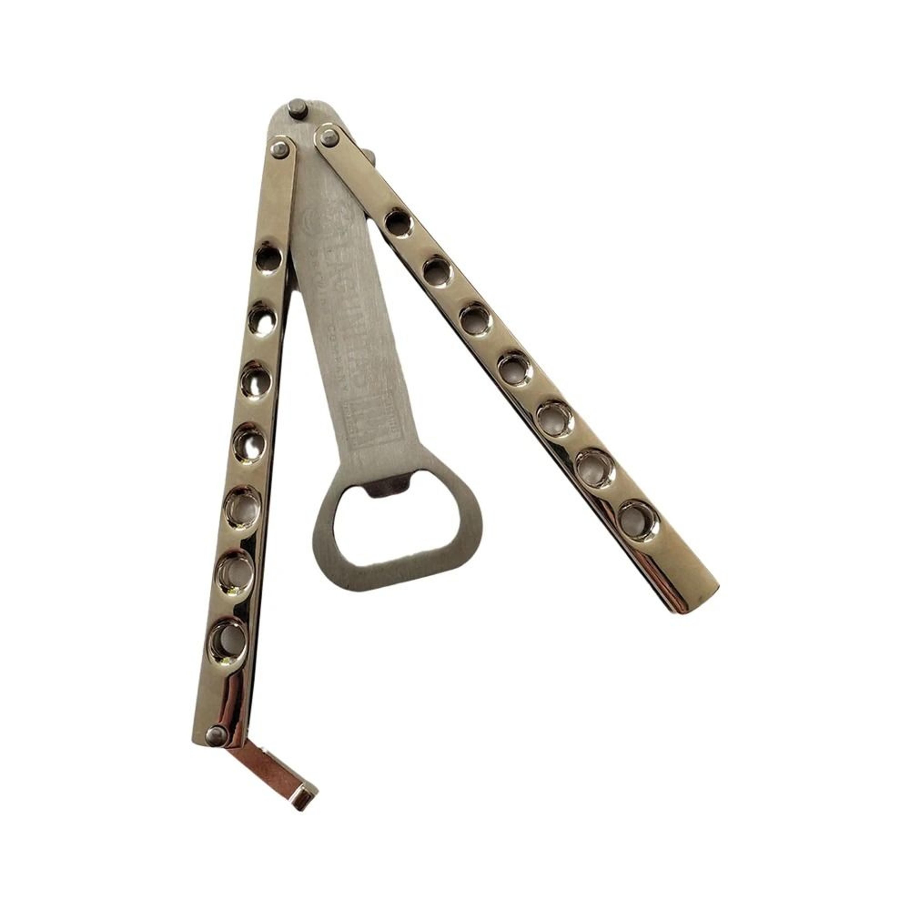 transformable butterfly knife style bottle opener and foldable pocket trainer