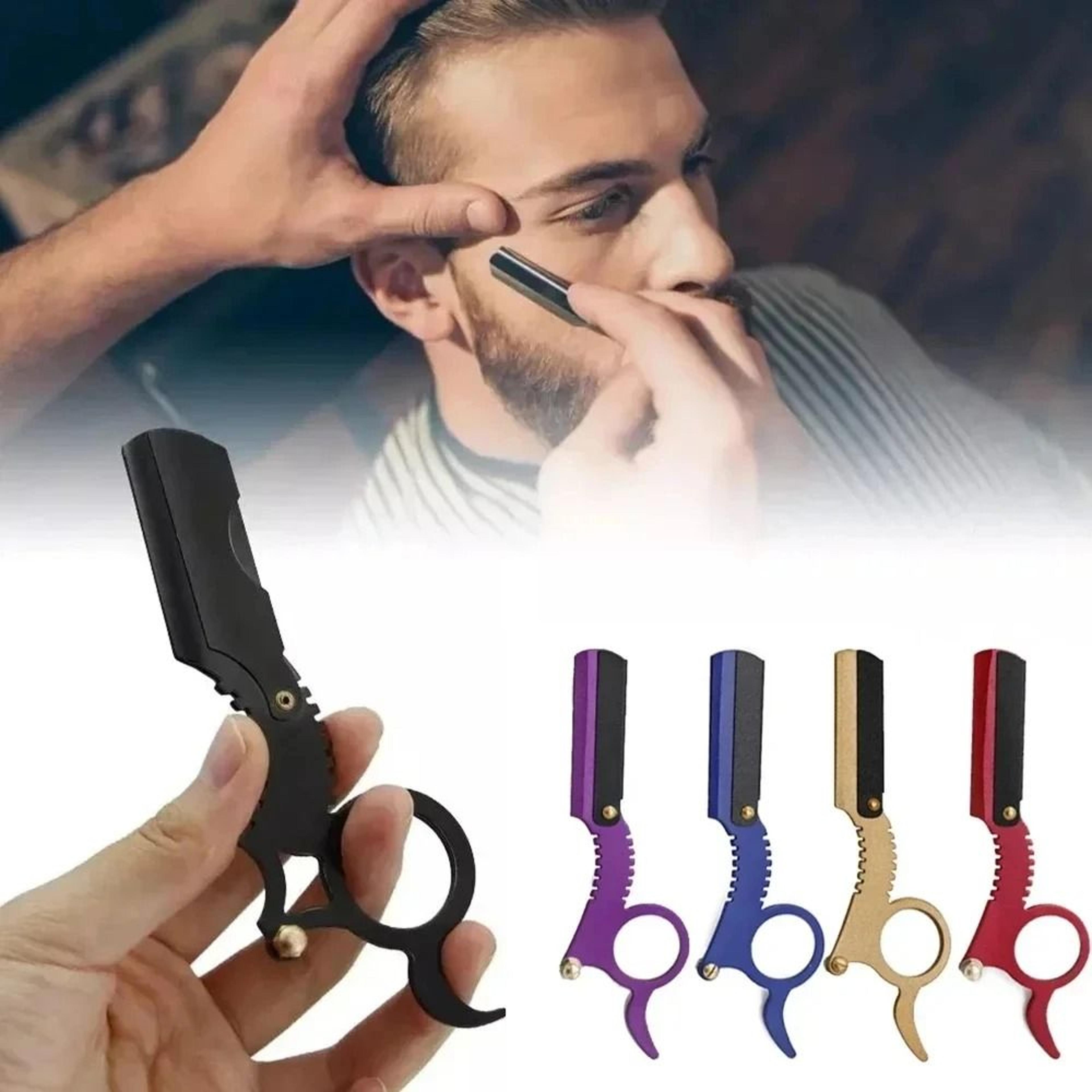 classic stainless steel thumb shaving razor and hairdressing grooming stand