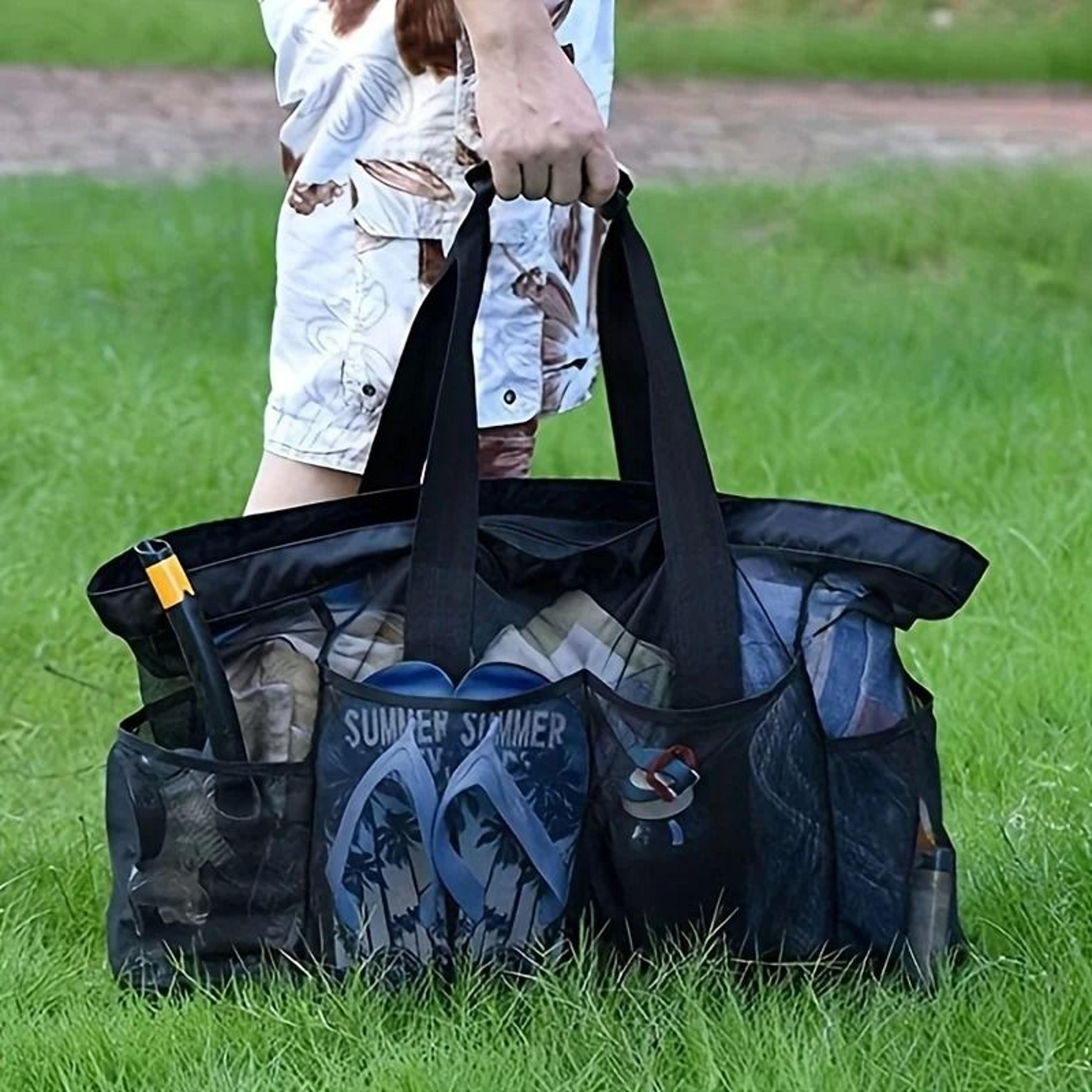 extra large lightweight waterproof foldable beach tote with zippered mesh pockets