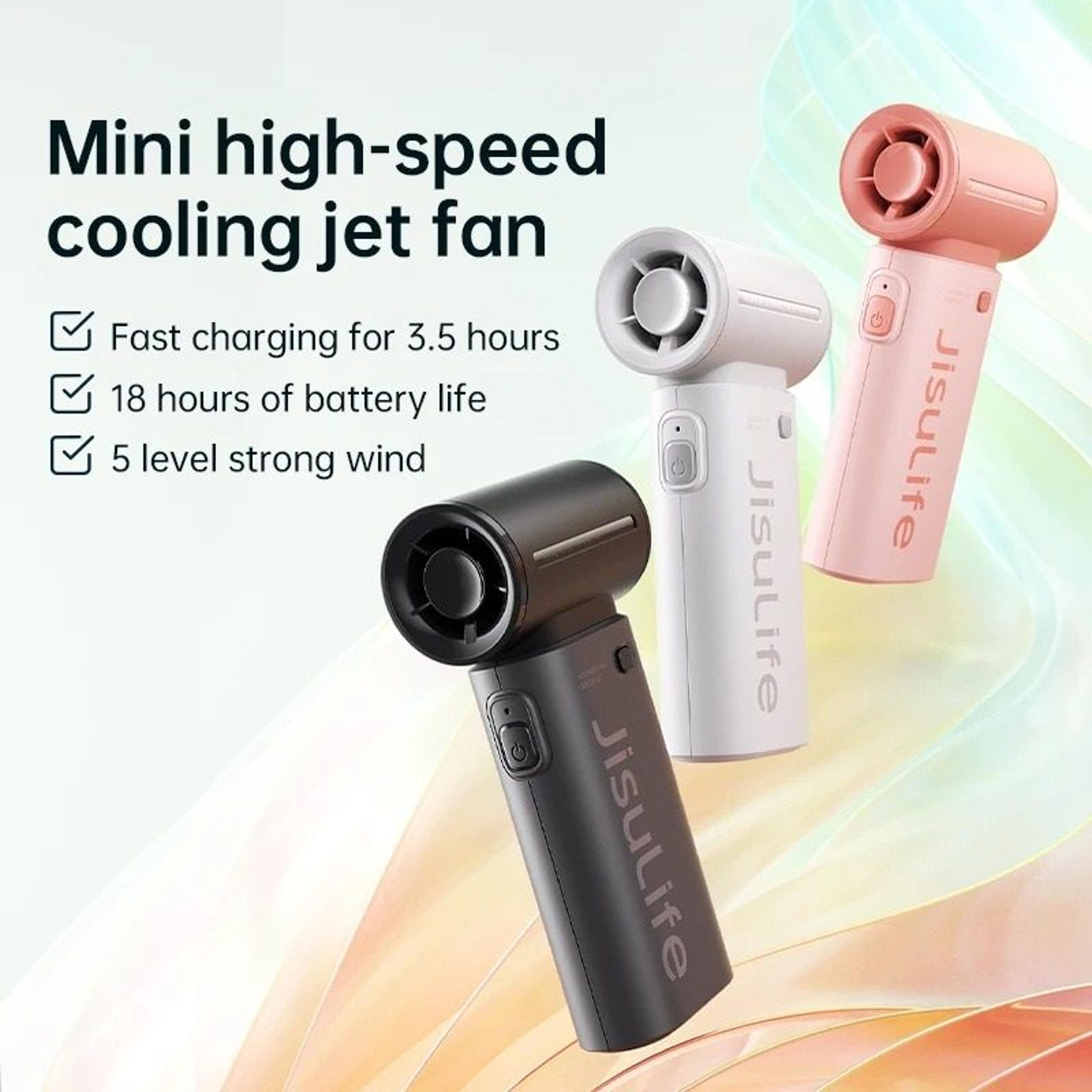 handheld turbo fan with 5 speed settings and 5000mah rechargeable battery