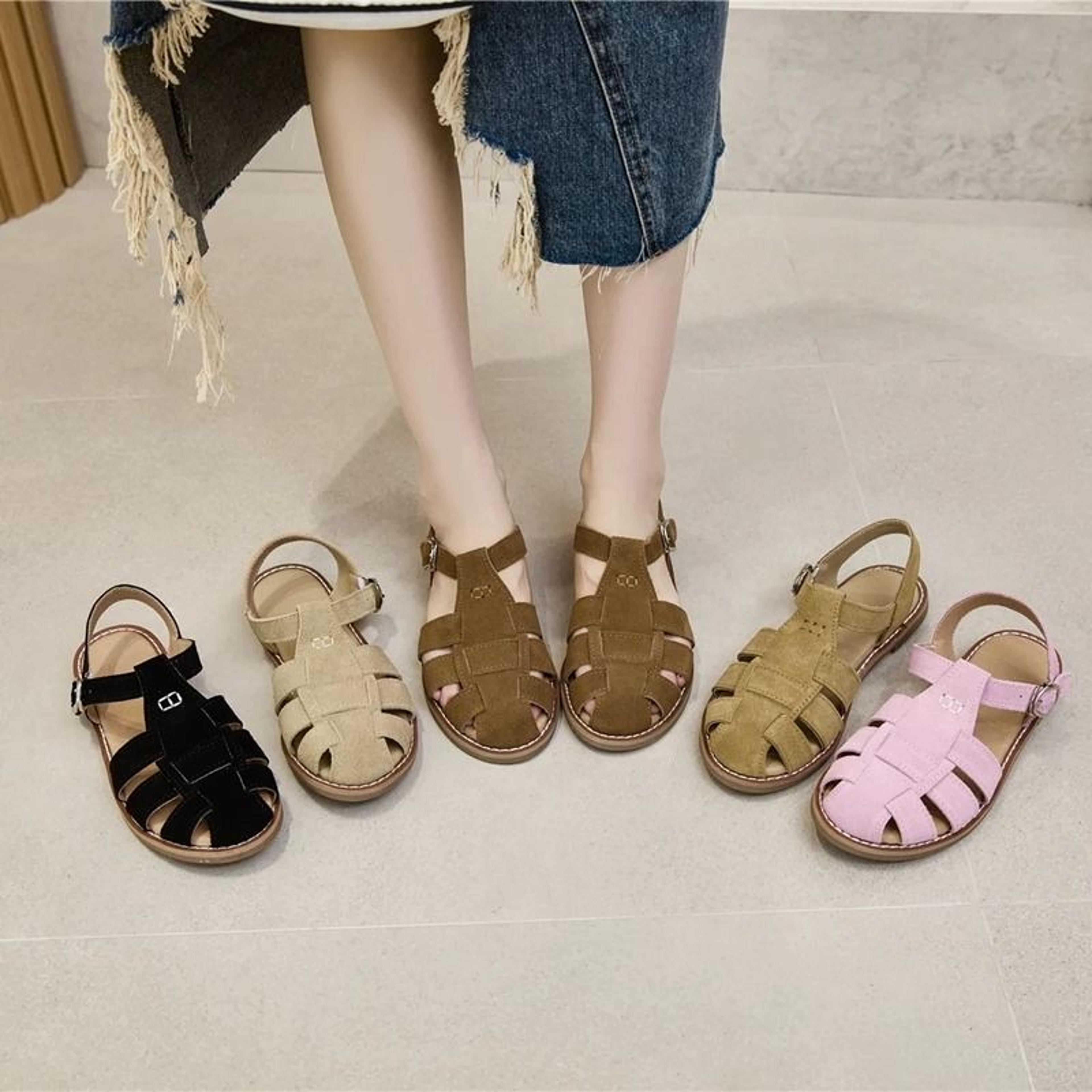 retro genuine leather hollow closed toe flat sandals