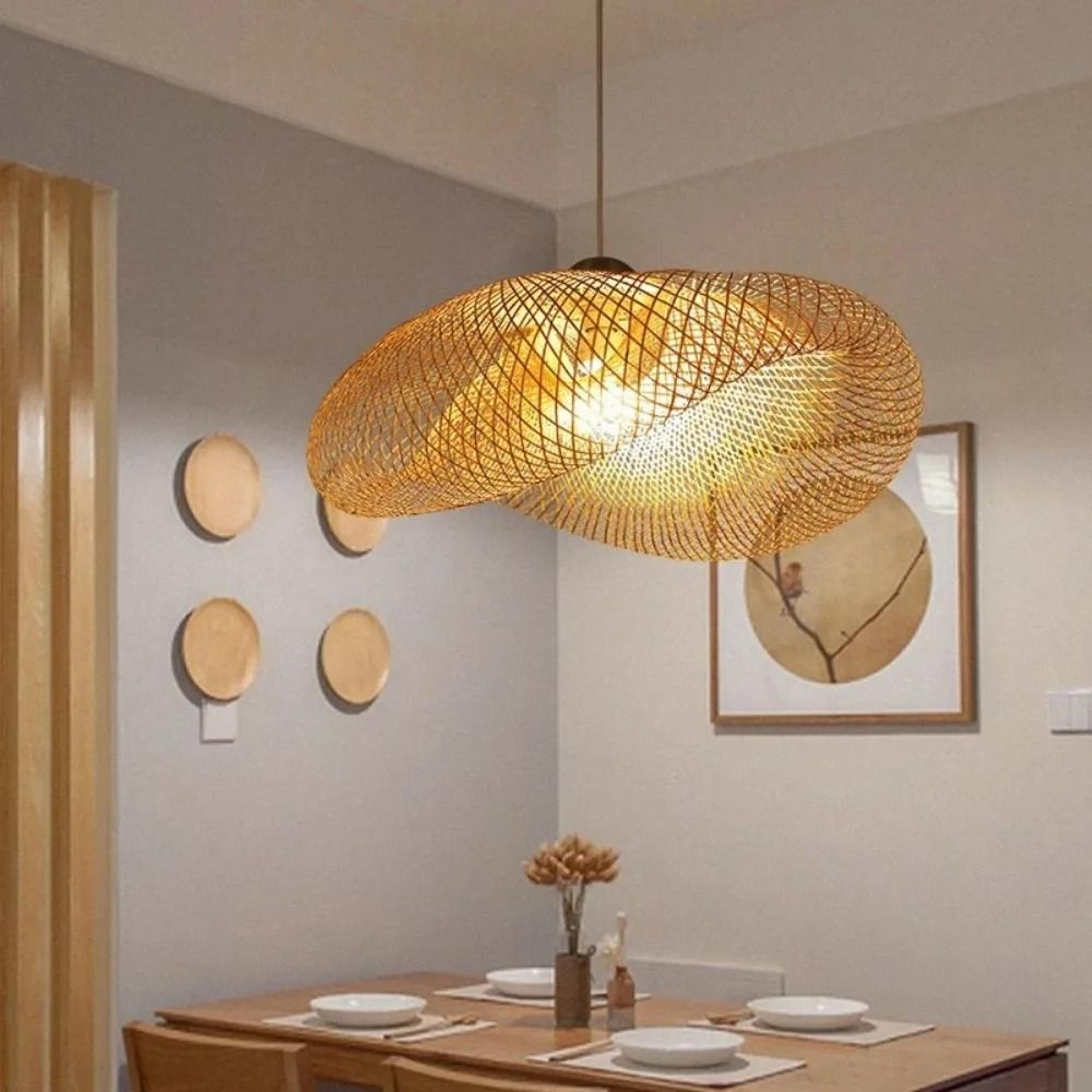 handmade bamboo woven led pendant light 15.7 inch diameter vintage hanging chandelier living dining fixture