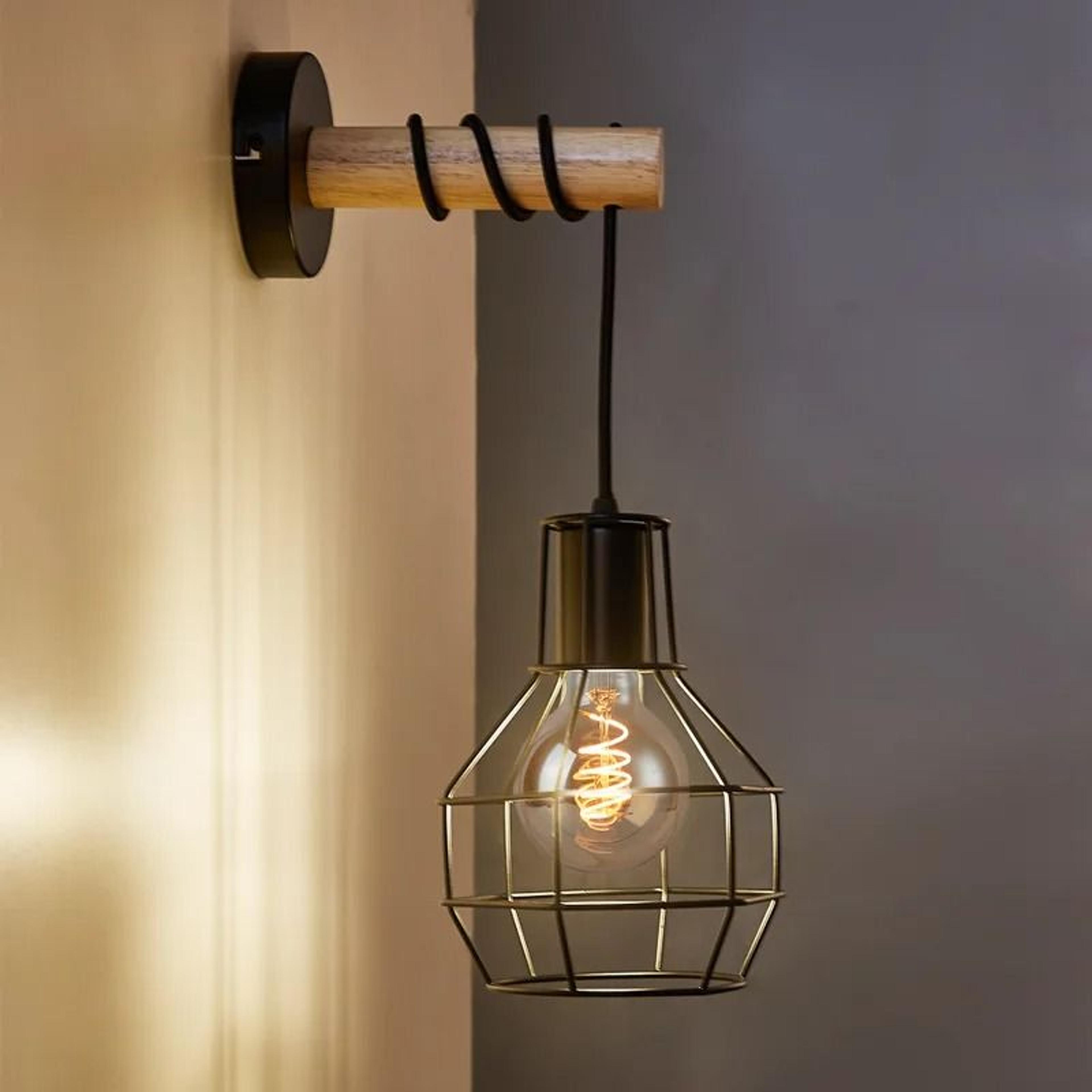 Retro Industrial Metal Wire Cage Wall Sconce Solid Wood Base Bedside Corridor Accent Lamp 4