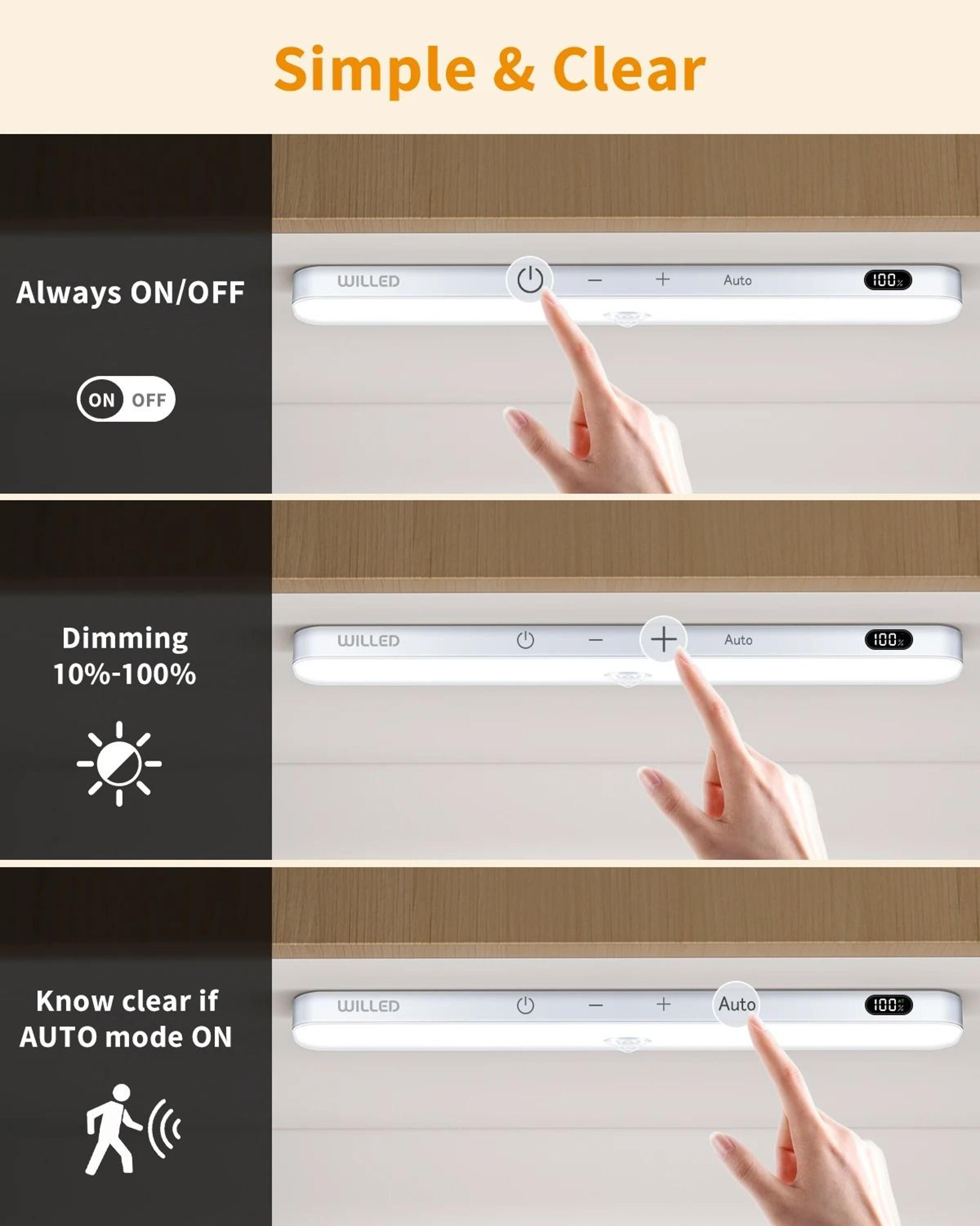 Cordless Motion Sensor LED Cabinet Light Bar Battery Display Touch Night Light 3