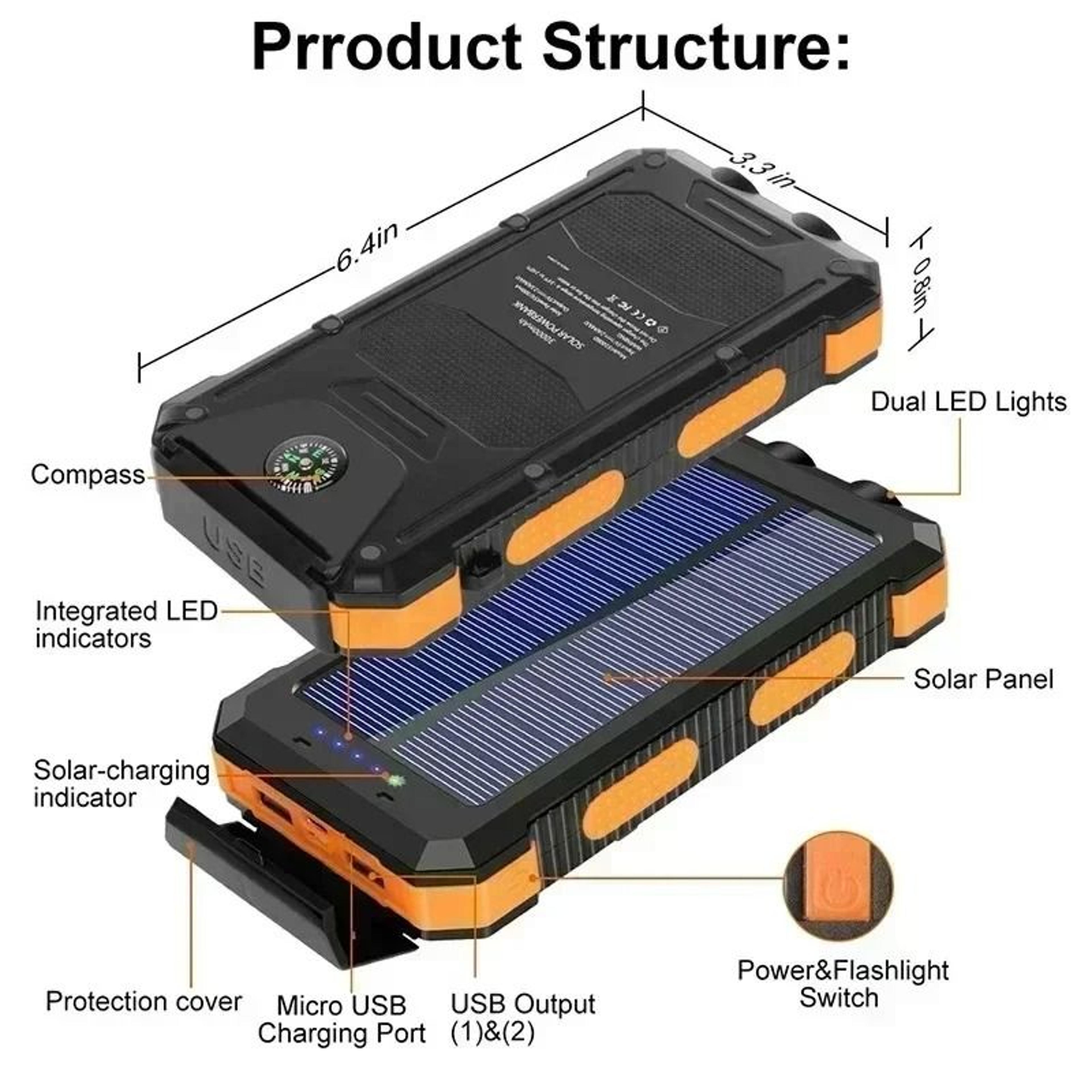 High Capacity Solar Power Bank Fast Charging Waterproof External Battery Backup 4
