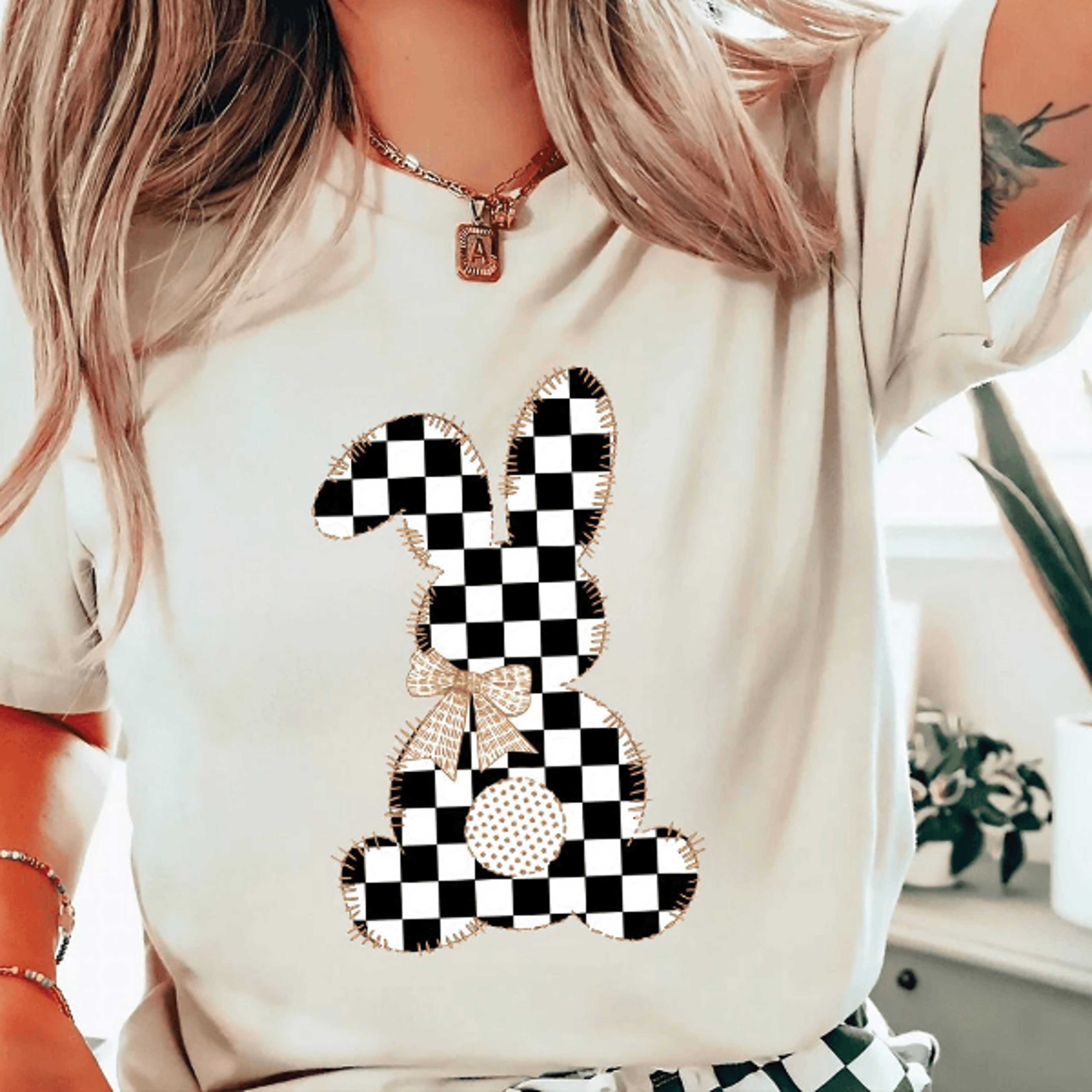 checkered easter bunny shirt coquette comfort colors tee – preppy spring graphic top for women & teens