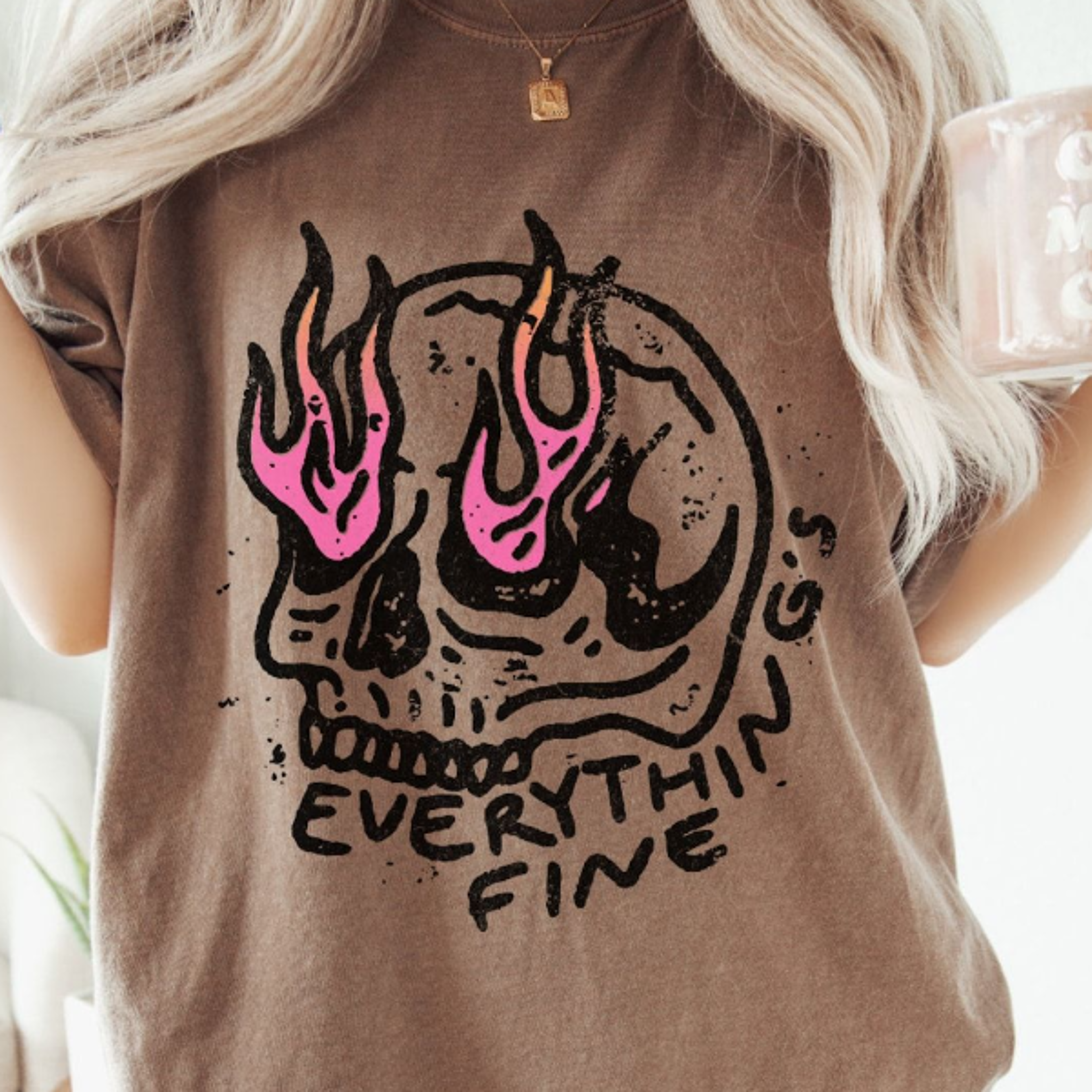 everything is fine shirt, retro grunge shirt, sarcastic shirt, funny skeleton shirt, festival shirt, rebel tee, pink fla