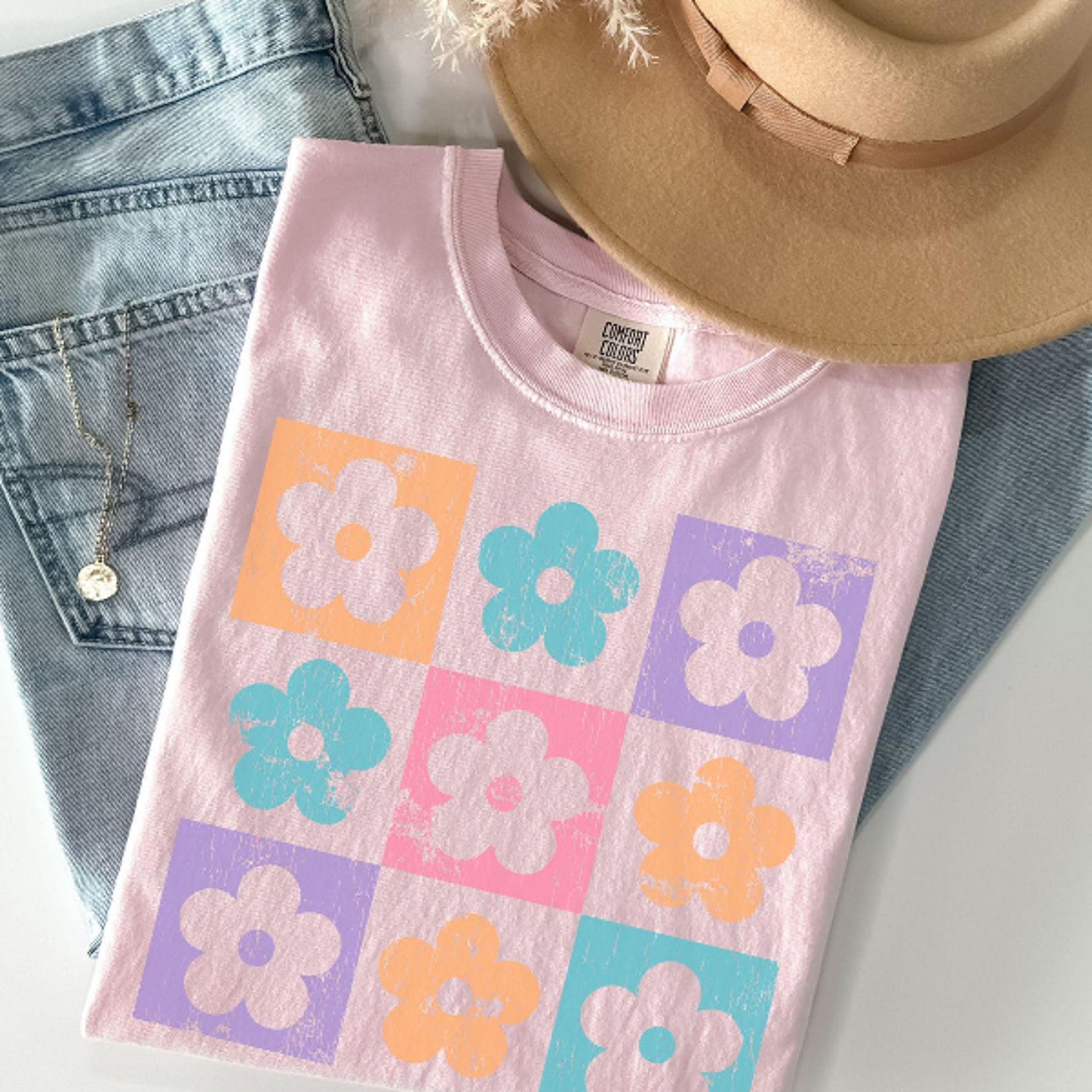 checkered flowers shirt, retro checkered spring shirts for women, boho floral t shirt, floral easter shirt, trendy overs