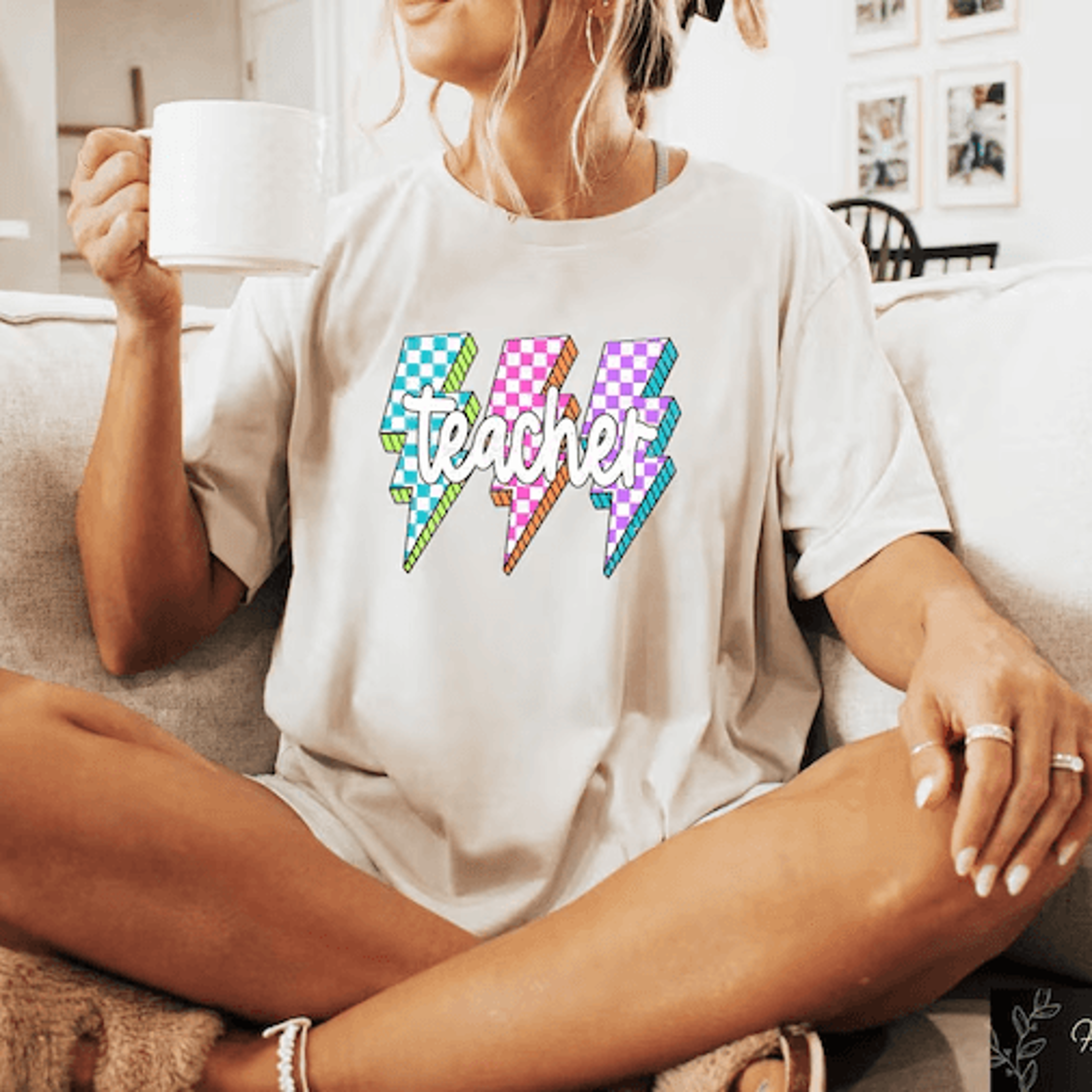 comfort colors lightning bolt teacher shirt | checkered back to school teacher life tee