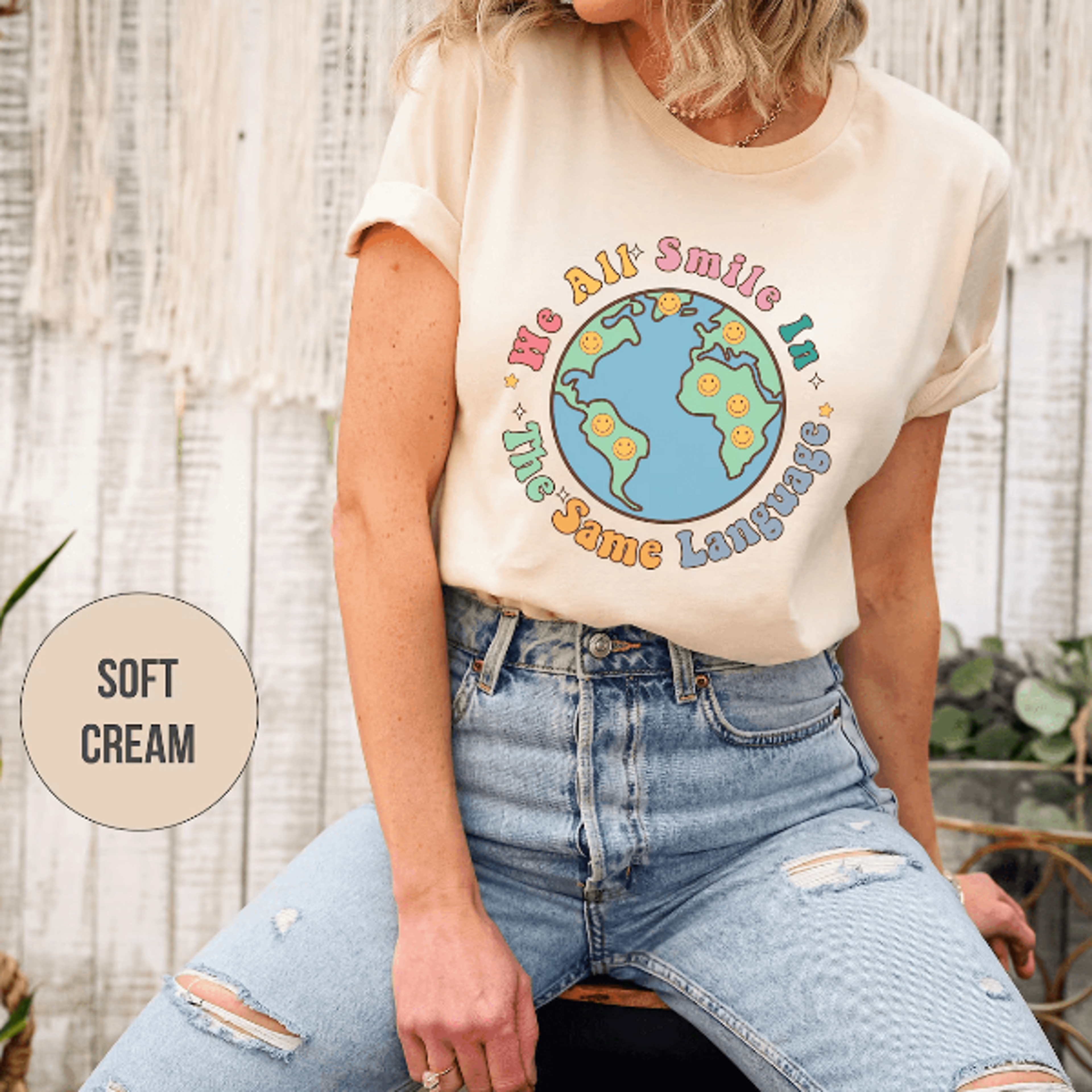 comfort colors we all smile in the same language esl teacher shirt | multilingual teacher appreciation tee