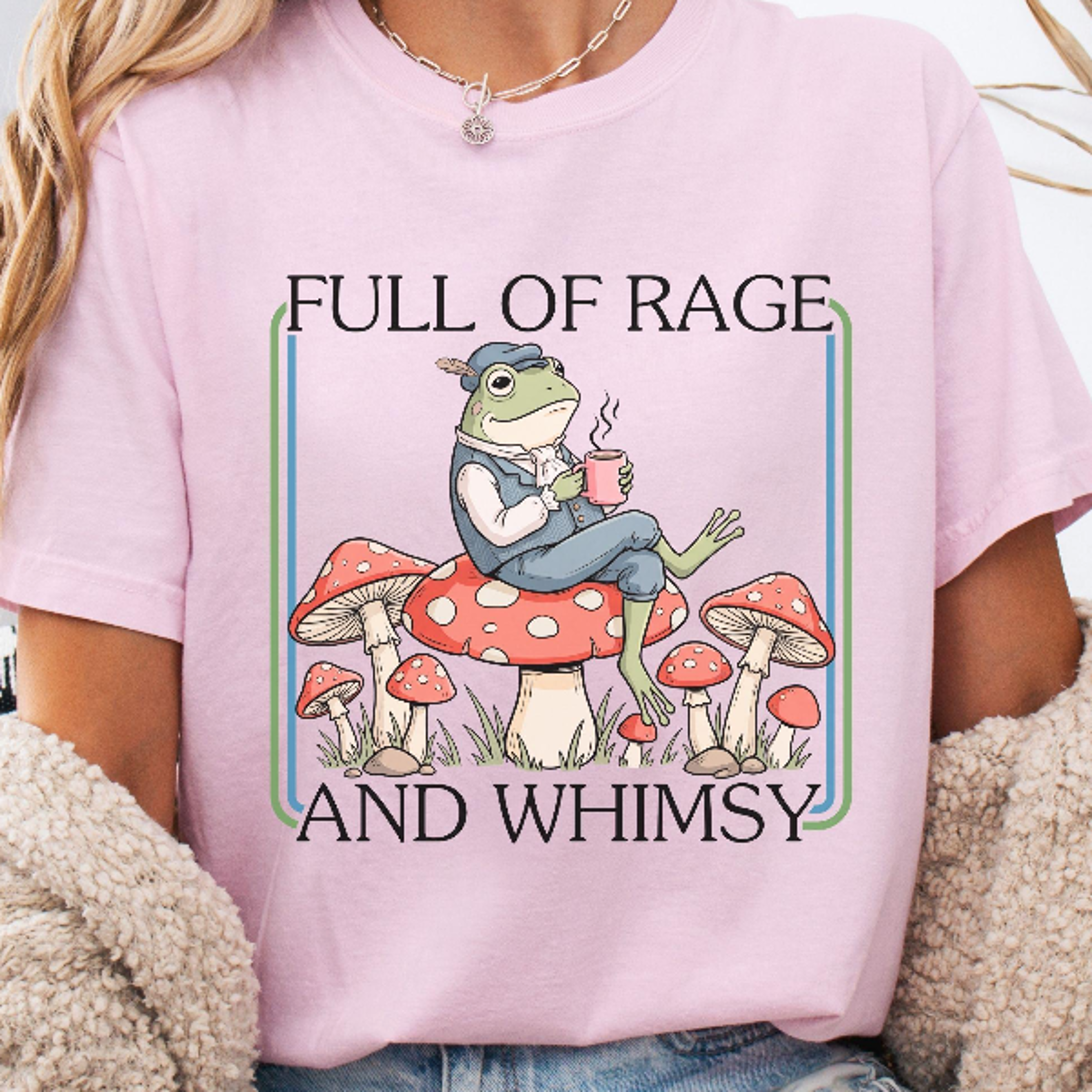 comfort colors 'full of rage and whimsy' shirt retro cottagecore frog with coffee tee
