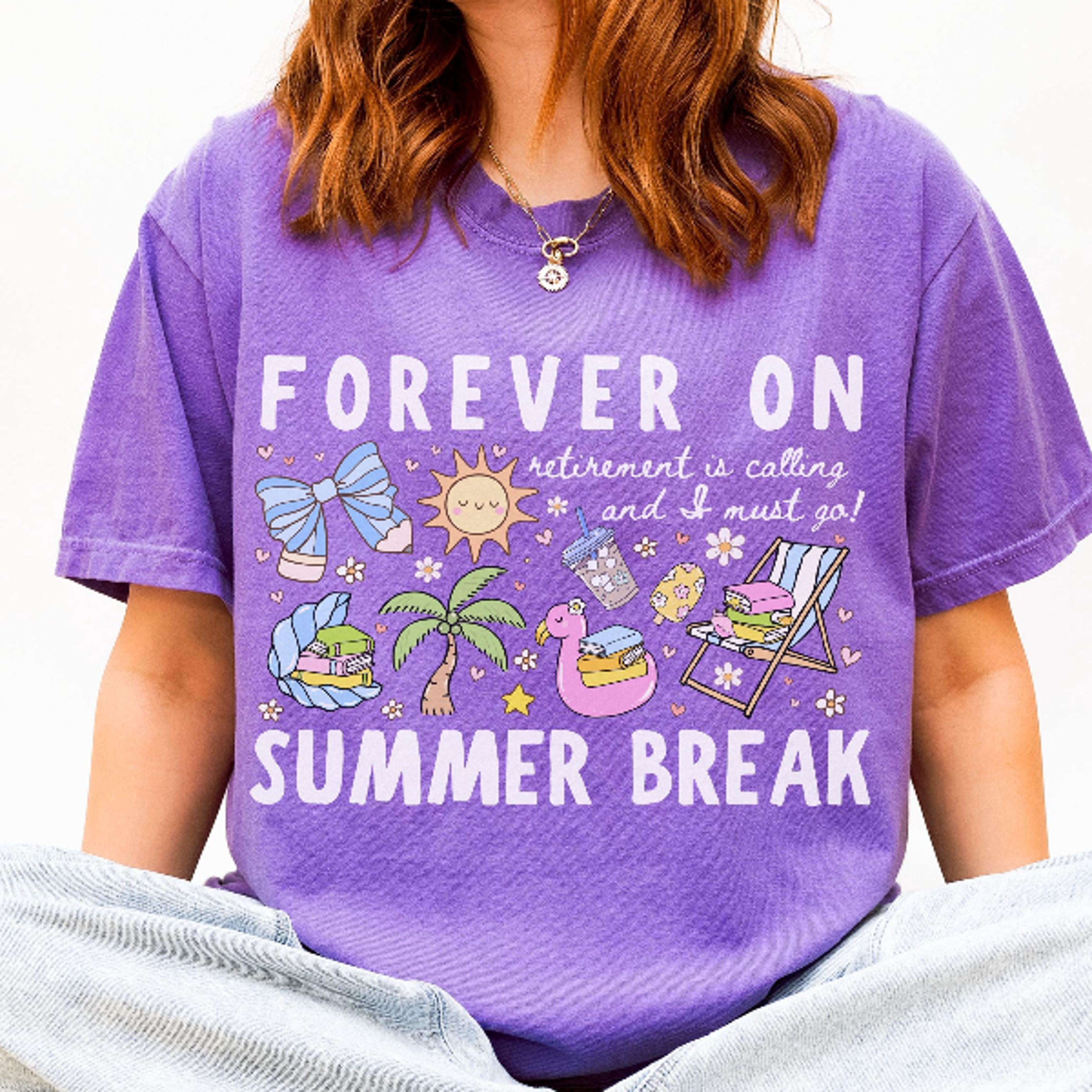 forever on summer break' retirement shirt cute cartoons summer retired teacher gift
