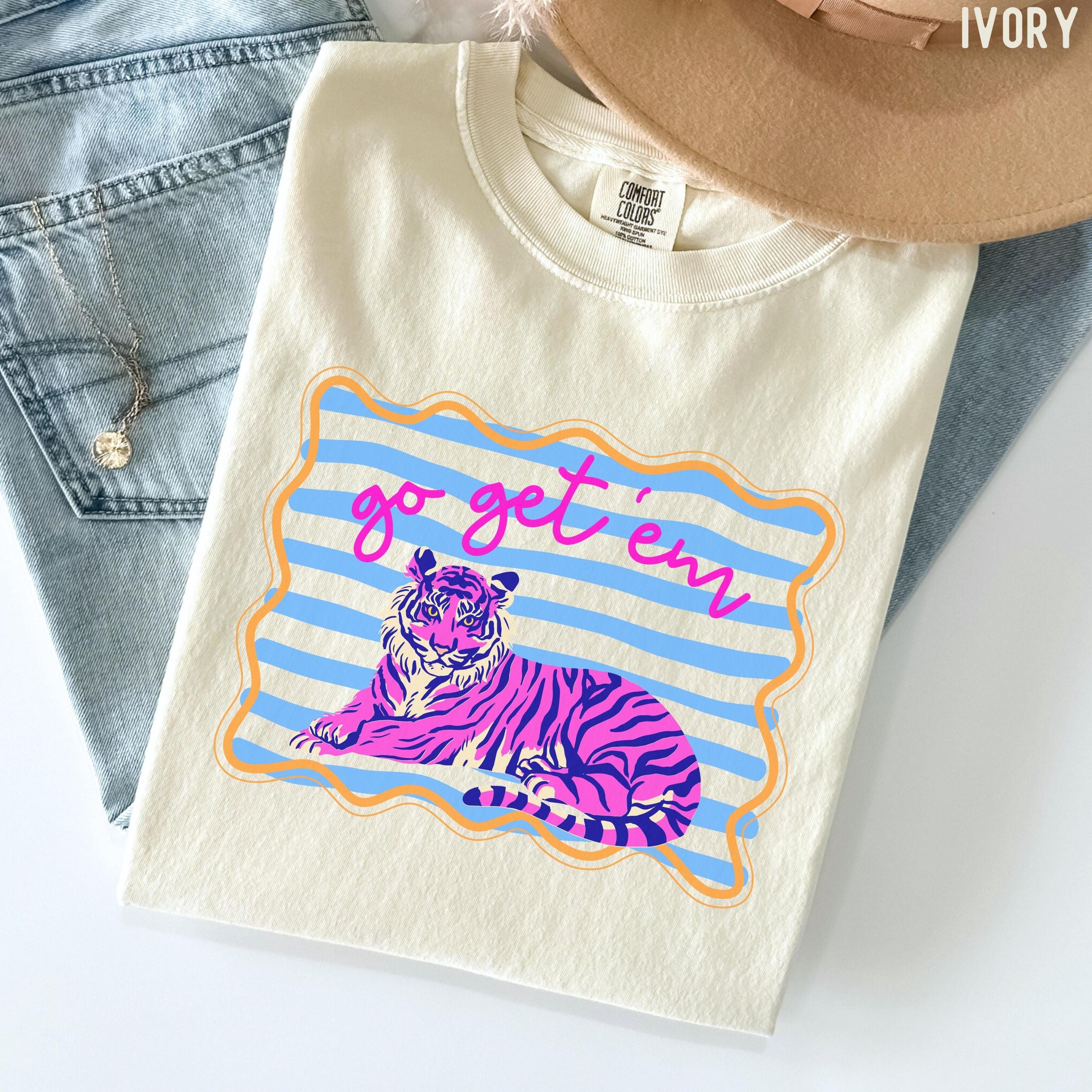 comfort colors 'go get em' tiger shirt colorful retro trendy striped tiger tee