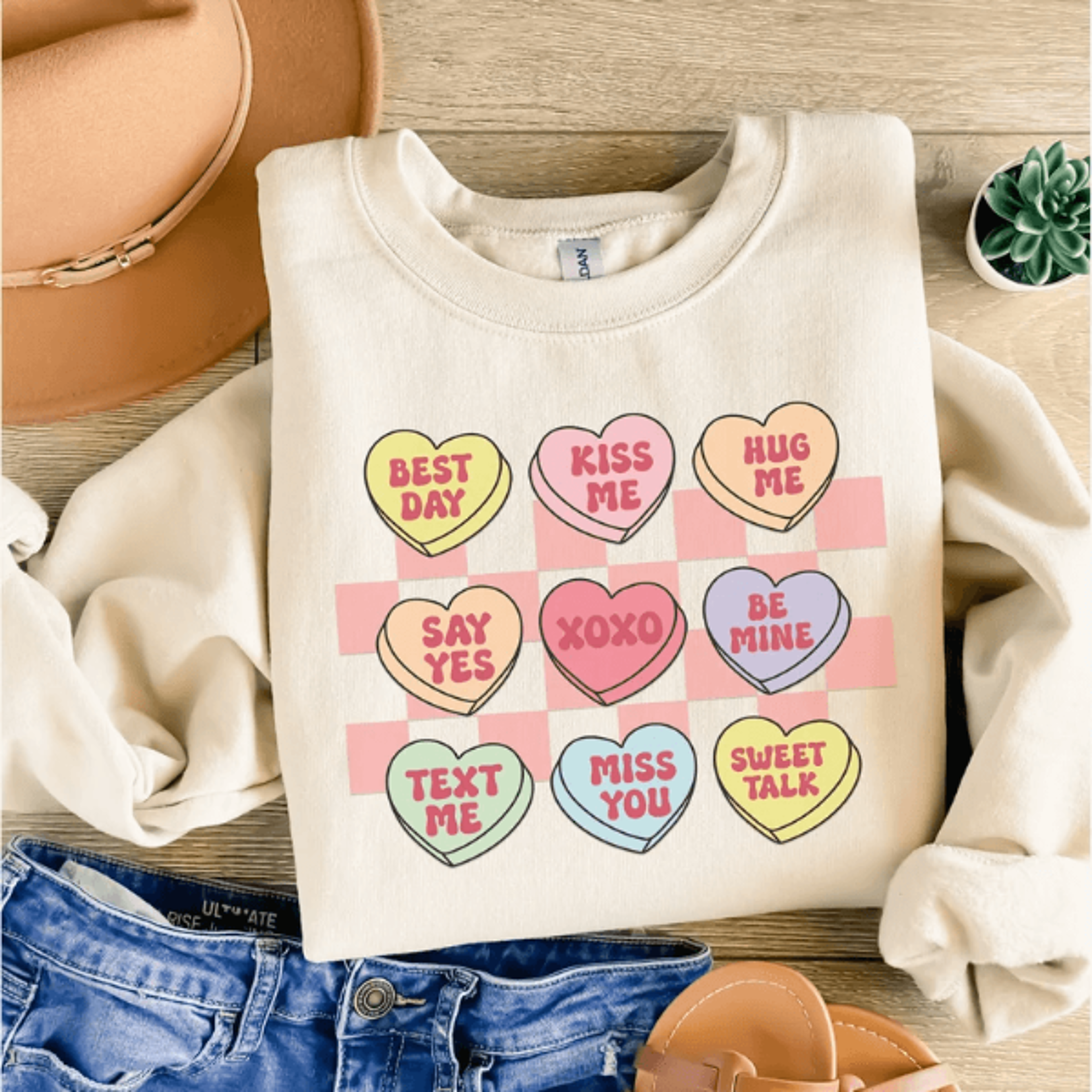 valentines day sweatshirt for women positive affirmation retro conversation hearts pullover