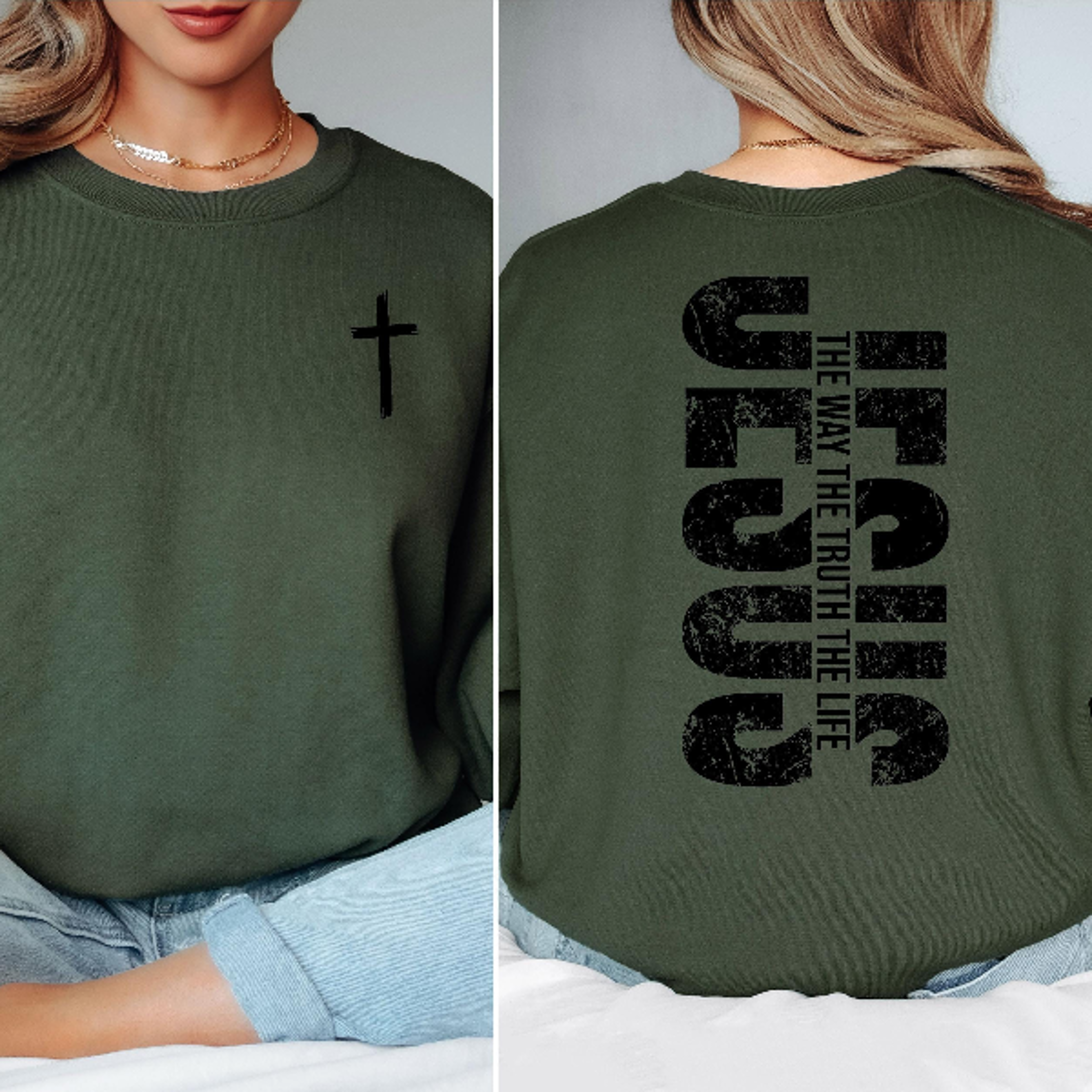 jesus sweatshirt with cross, christian crewneck with back design, faith bible verse sweater for women, religious t-shirt